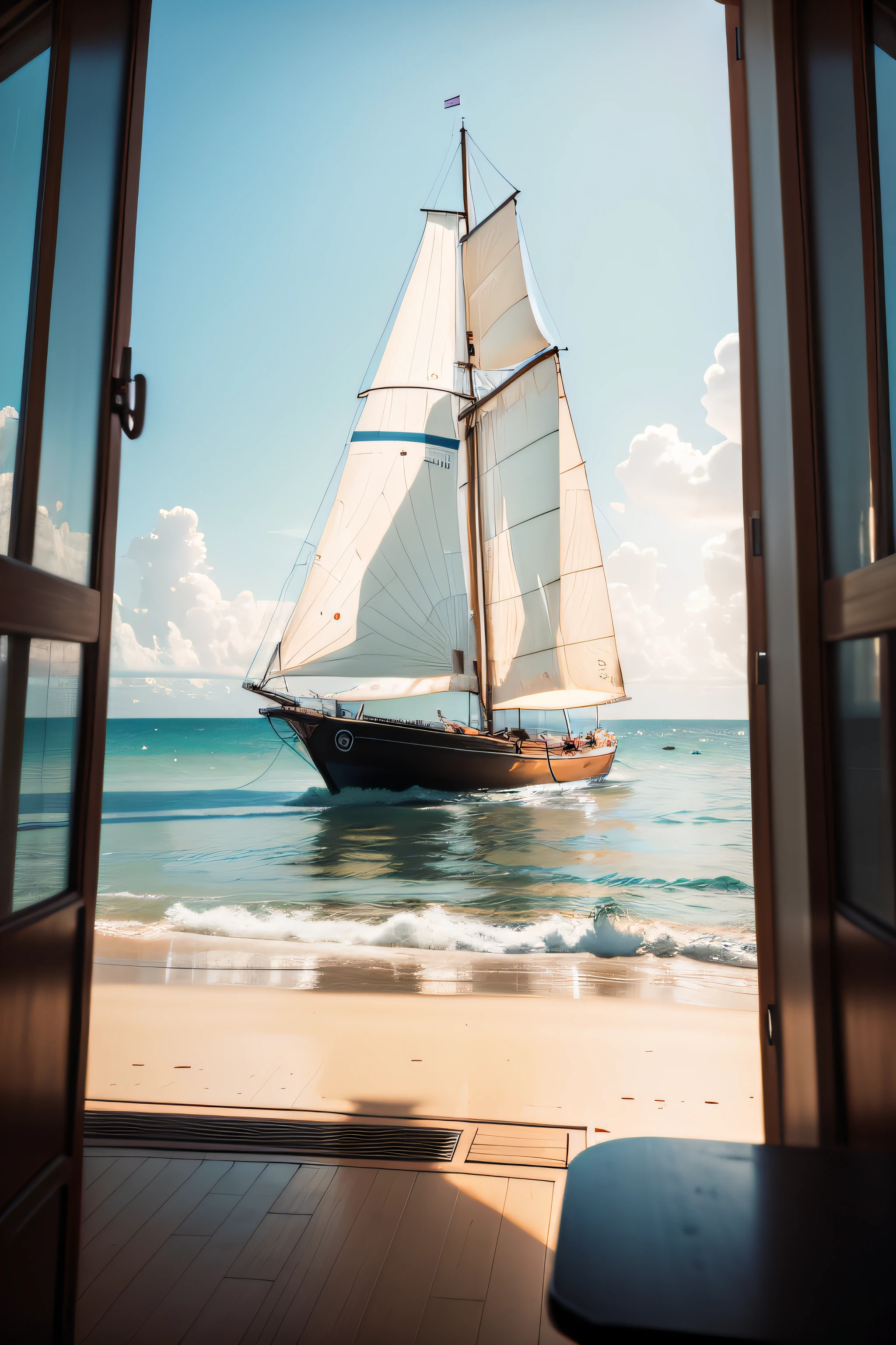 Looking at a sailboat from afar, far from the sea to the shore