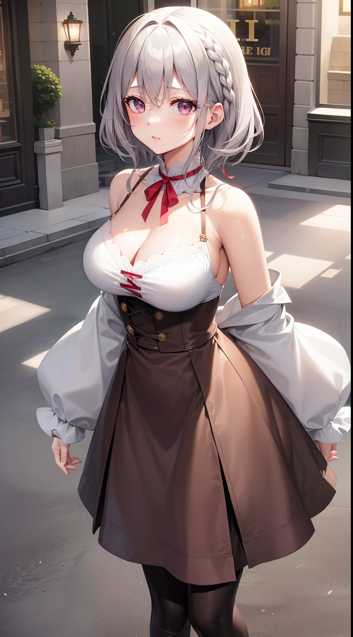 top-quality、high-level image quality、Super delicate、The whole picture、Beautiful girl with fair skin like a doll、Light gray hair、Braided half-up short hair、Peach-colored eyes、Red ribbons、long lashes、big eye、Dark look、Straight face、Moderately large breasts、Sexy adventurer costumes、active、Exposed chest、garterbelts、Brown boots、High exposure、痴女、In the street