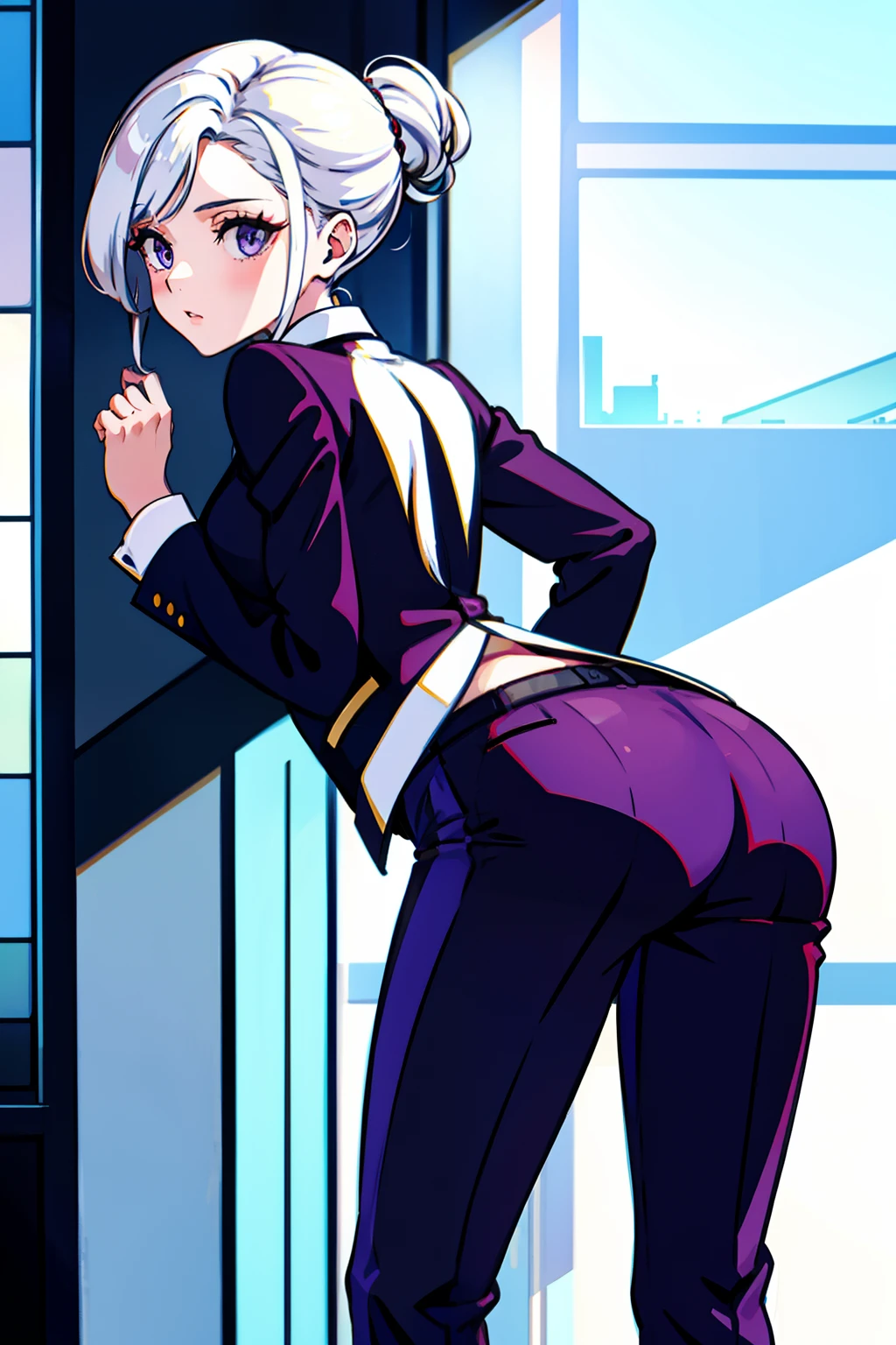 One cocked her ass，Beautiful woman in men's suit，long  white hair，Suit trousers，Blue-purple eyes。