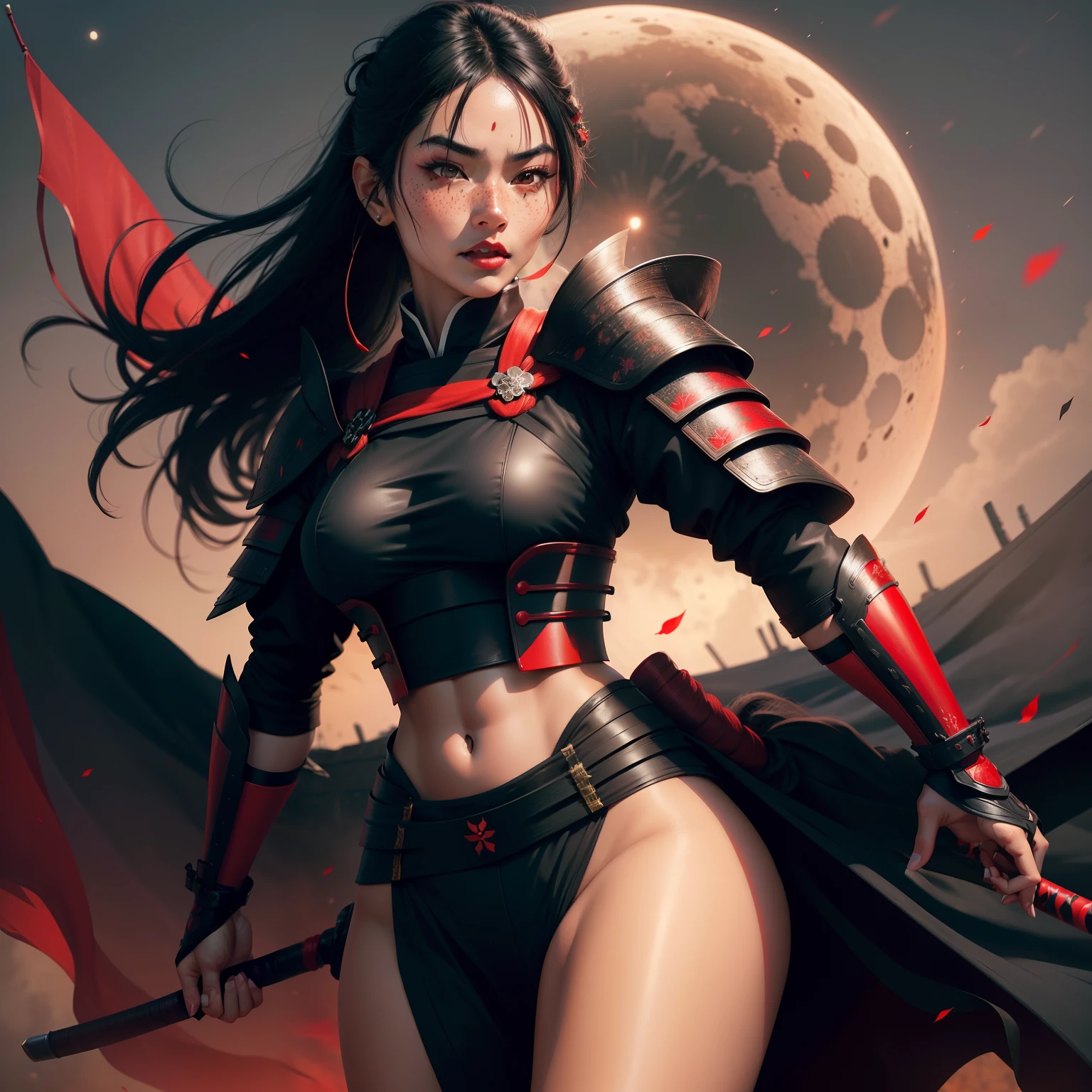 First Female samurai warrior, jet black hair, dark skinned tanned, red black, bright moon, freckles on the face, red lipstick, full body