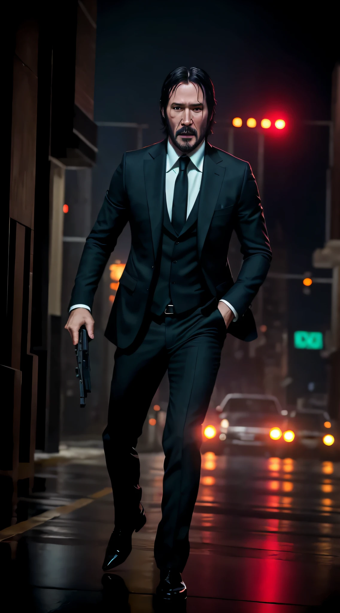John wick , running at the rain, fight scene shot gun, gun flare is burn, cinematic style