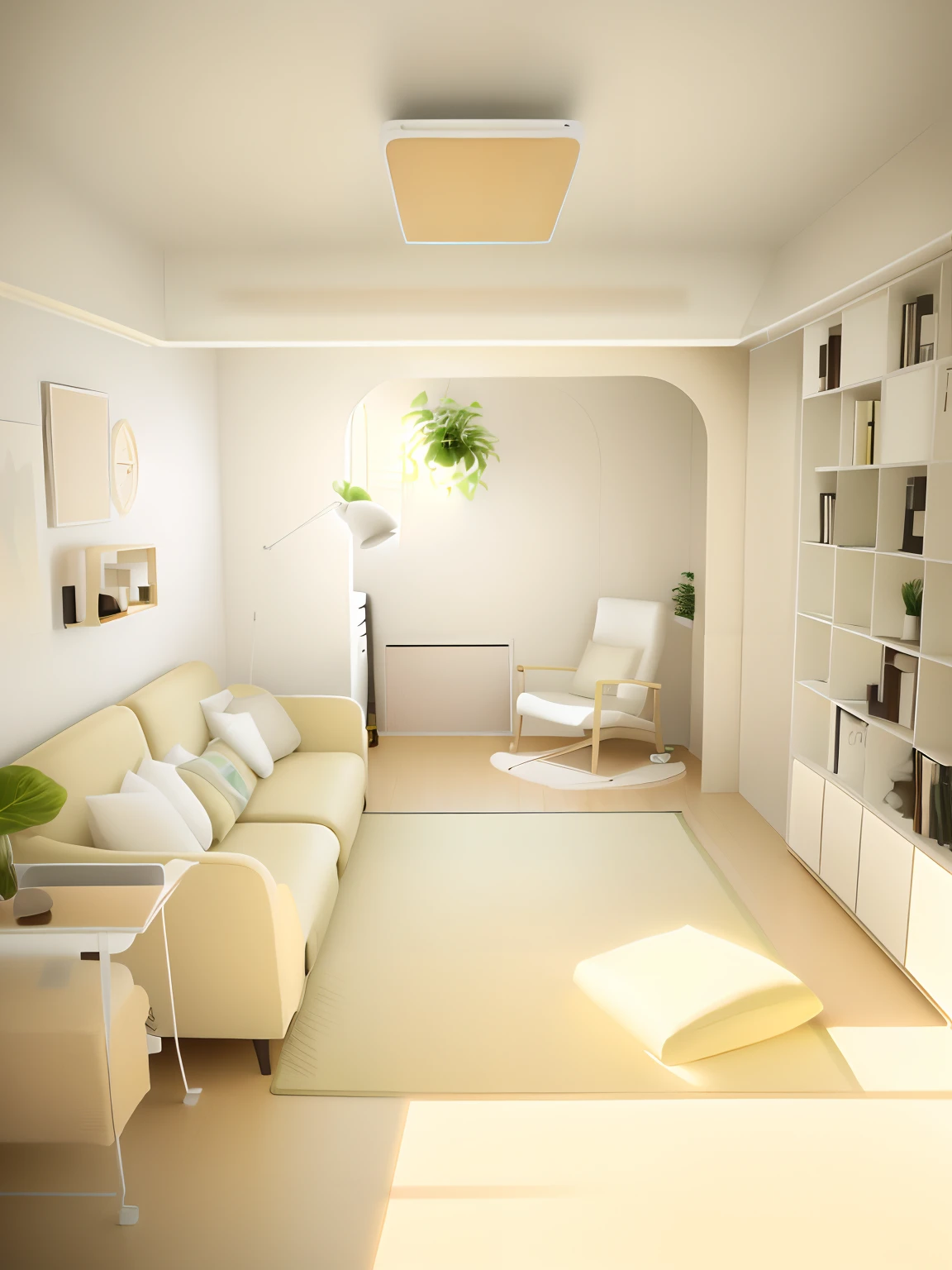 there is a living room with a couch, chair, and bookshelves, A bright room, Whole room, natural light in room, serene and peaceful style, in a japanese apartment, cream - colored room, modern japanese living room, Salad and white color scheme, small room in tokyo, Bright room, Living room, minimalistic and beautiful, interior of a small room