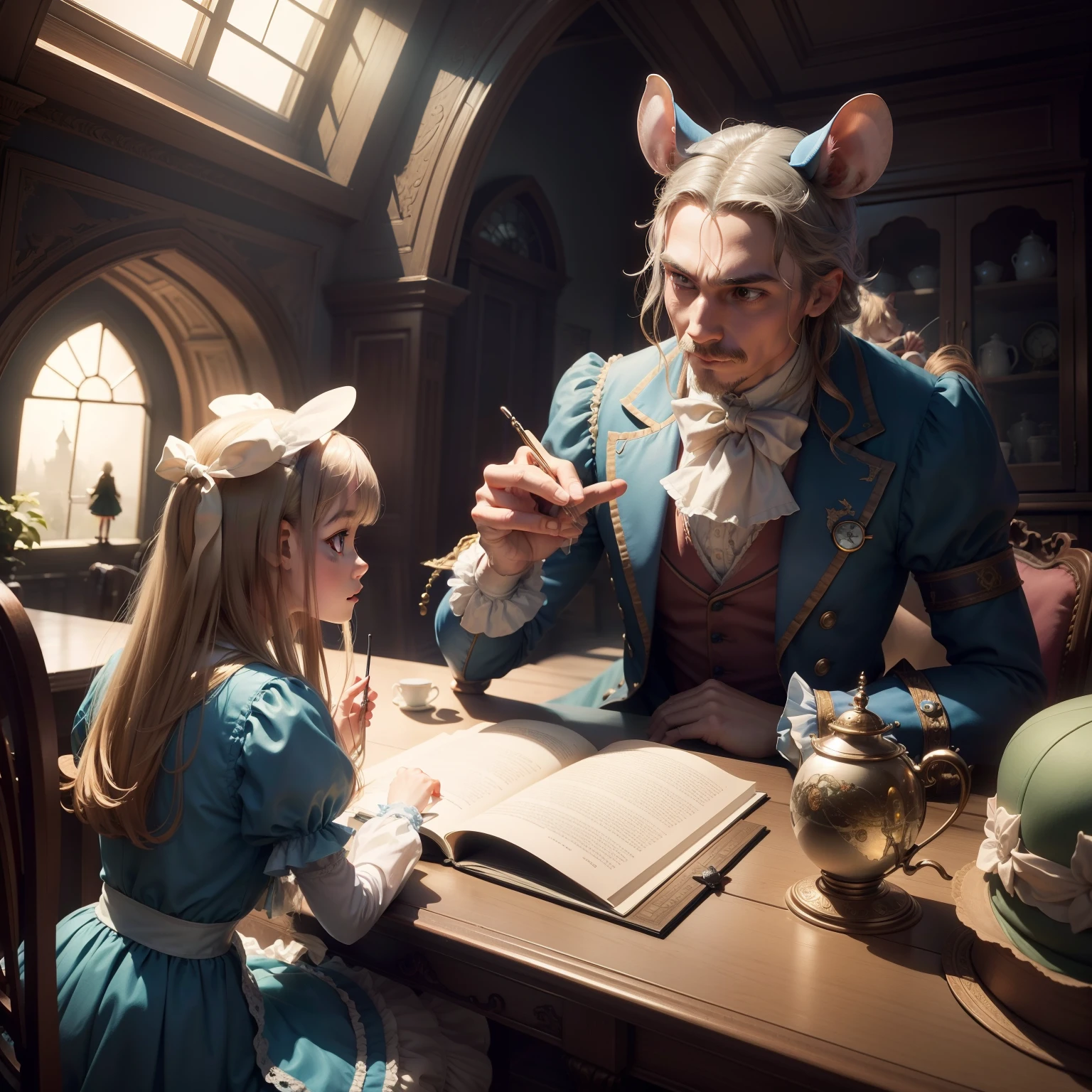 At 8K resolution、A fantastic world view that wandered into Alice in Wonderland、A little retro、Rat-Man and Alice、Sitting at a table facing each other、The rat is typing a conversation with Alice on the computer