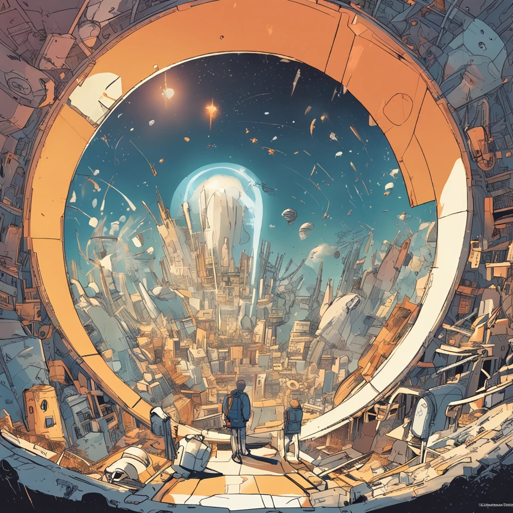 quadratic element,male people,whaite hair,The boy stood in the ruins,A beam of light hit the littleunnyday,Tech ships fly in the air,The little boy lat the spaceship in despair,mirai,Curiosity