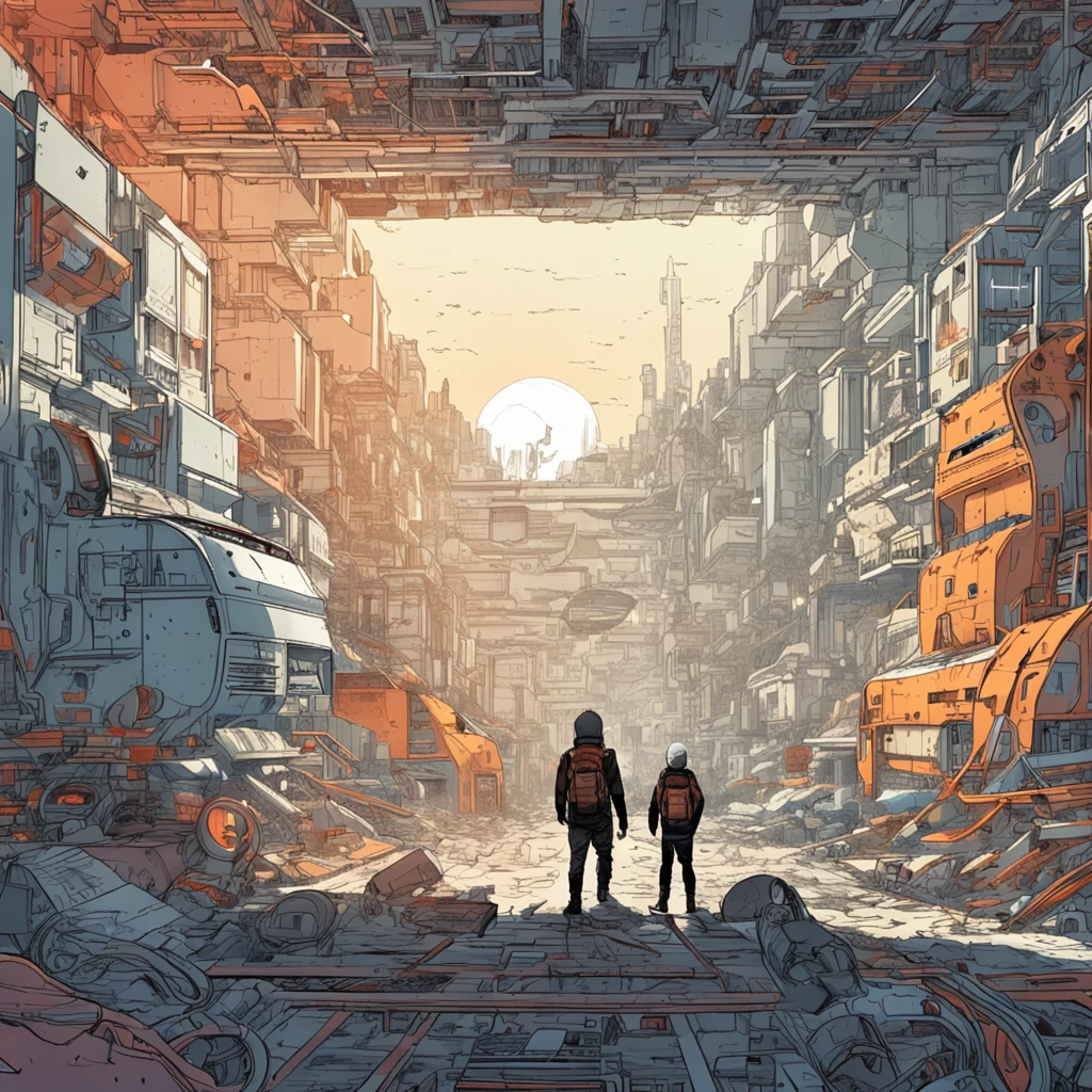 quadratic element,male people,whaite hair,The boy stood in the ruins,A beam of light hit the littleunnyday,Tech ships fly in the air,The little boy lat the spaceship in despair,mirai,Curiosity