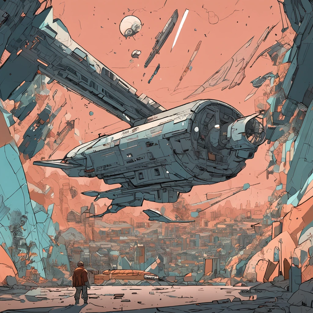 quadratic element,male people,whaite hair,The little boy stood in the ruins,A beam of light hit the little boy,Sunnyday,Tech ships fly in the air,The little boy looked at the spaceship in despair,mirai,Curiosity