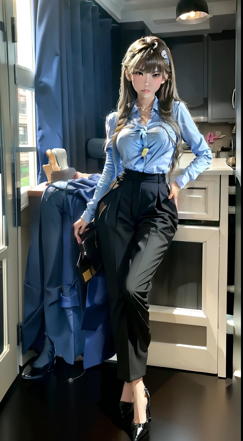 one-girl, 17 years,Wear a school uniform and long pants,Wear yours with stocking heels