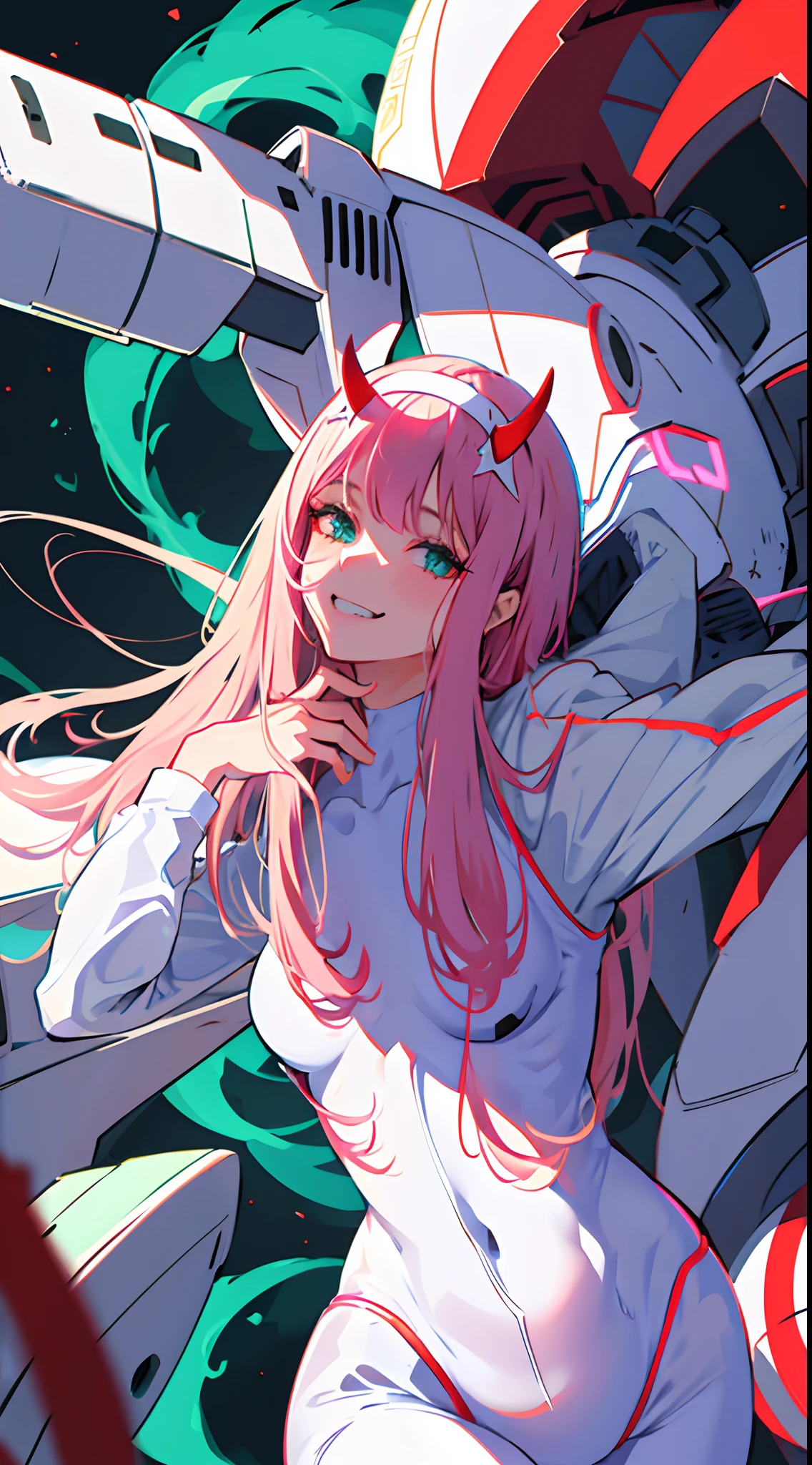 zero two \(darling on franxx\), darling on franxx, 1girl, fringe, selfie, smiling, biting, shadow, green eyes, hair behind head, horns, long hair, makeup, small breasts, pilot suit, white bodysuit, pink hair, red eyeshadow, science fiction, tight skin, solo