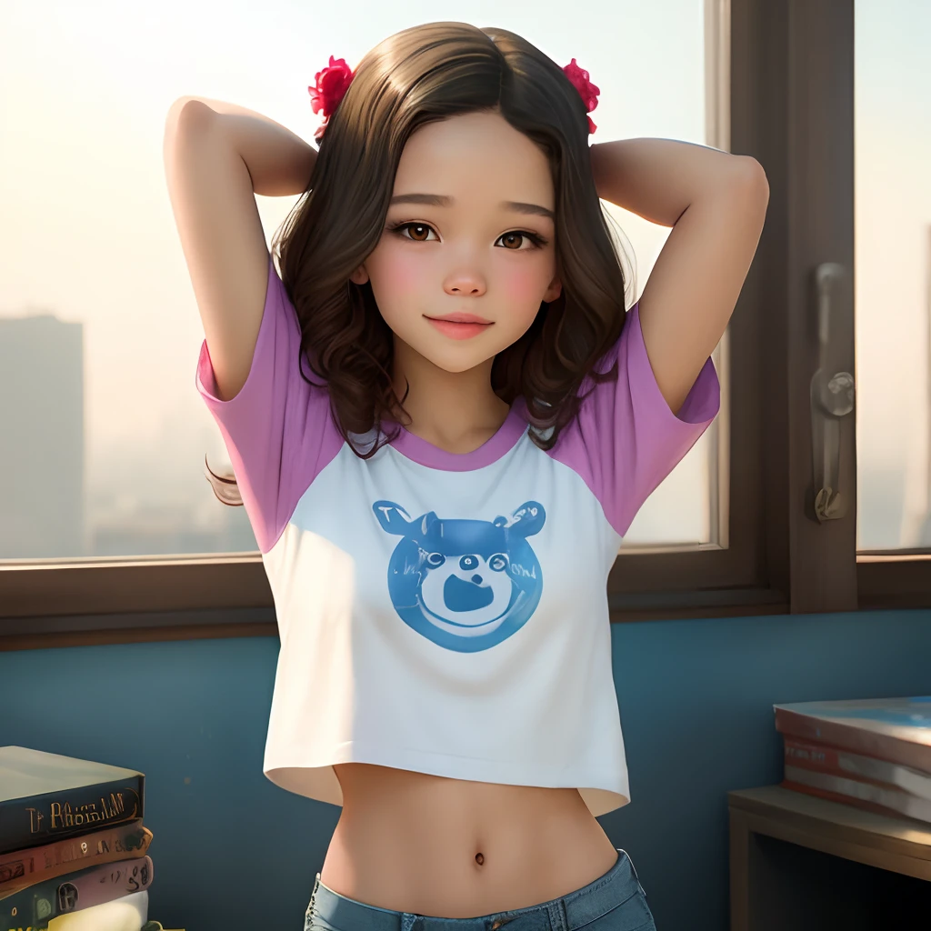 Araffe girl with a pink shirt and blue jeans posing for a picture ...