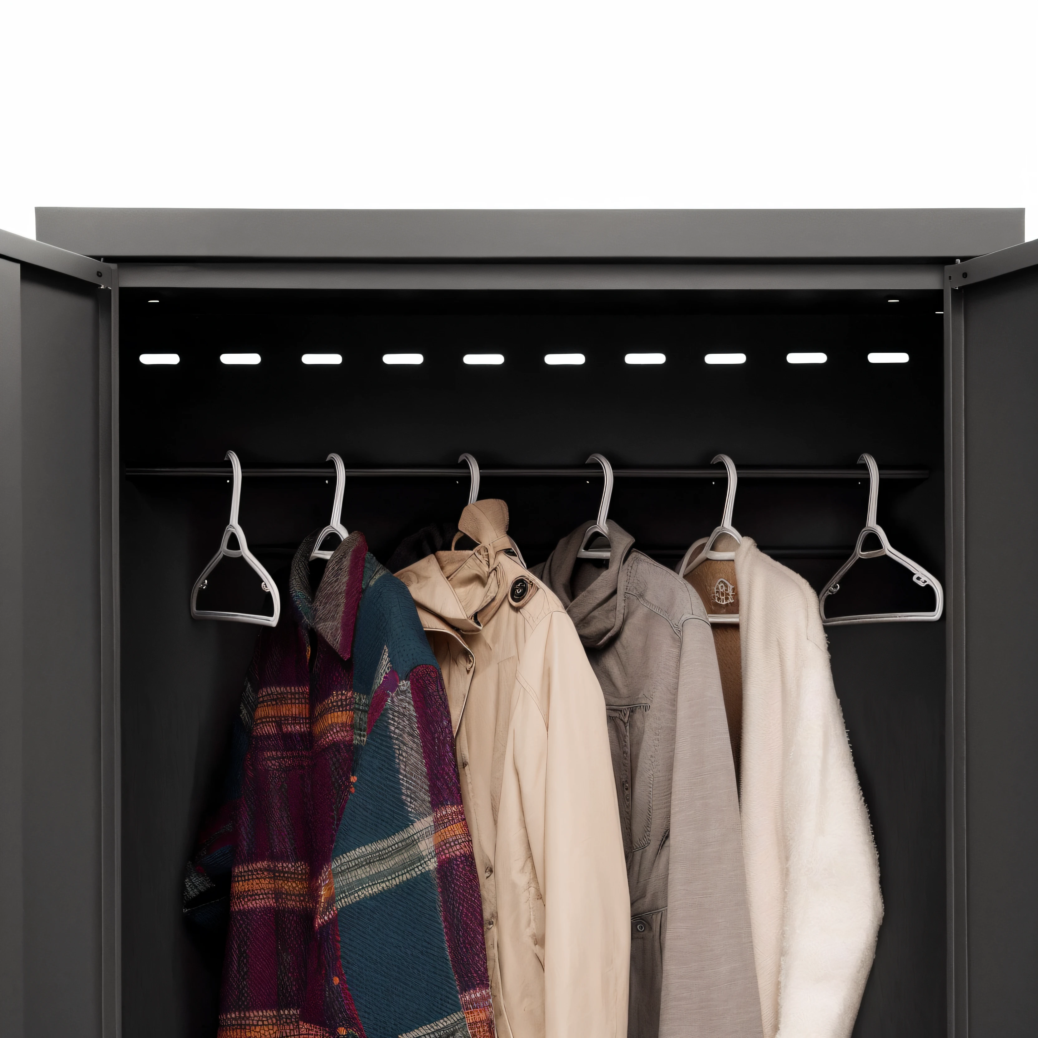Many coats hung in the black cabinet, high-resolution details, superior detail, High quality detail, High quality details, exiting from a wardrobe, detailed outfits, clothing photography, clothes fully on, Meticulous detail, detailed high resolution, Full of detail, Perfect detail, Detailed clothes, Lockers, detailed zoom photo, Full of details