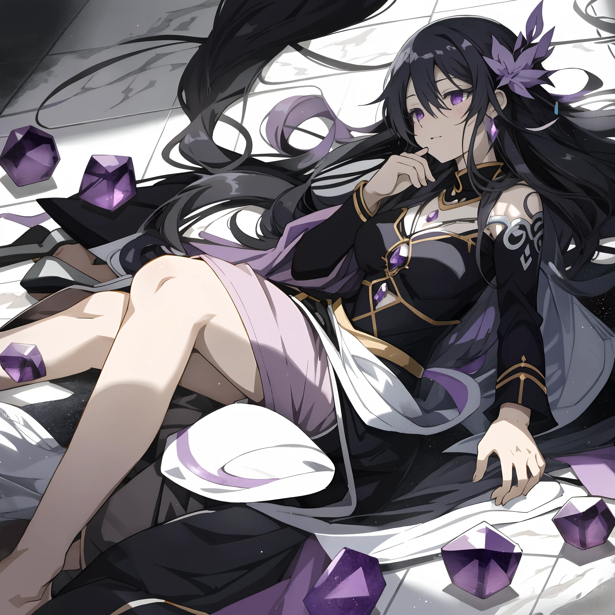 anime girl on side, fantasy art, grayscale phtoto in Floors strewn with amethyst, glowing gemstones, Marble floor, Long hair spread on the floor, Seductive facial expressions, beautiful anime art style, high quality anime art, high quality anime artstyle, at pixiv, from side,