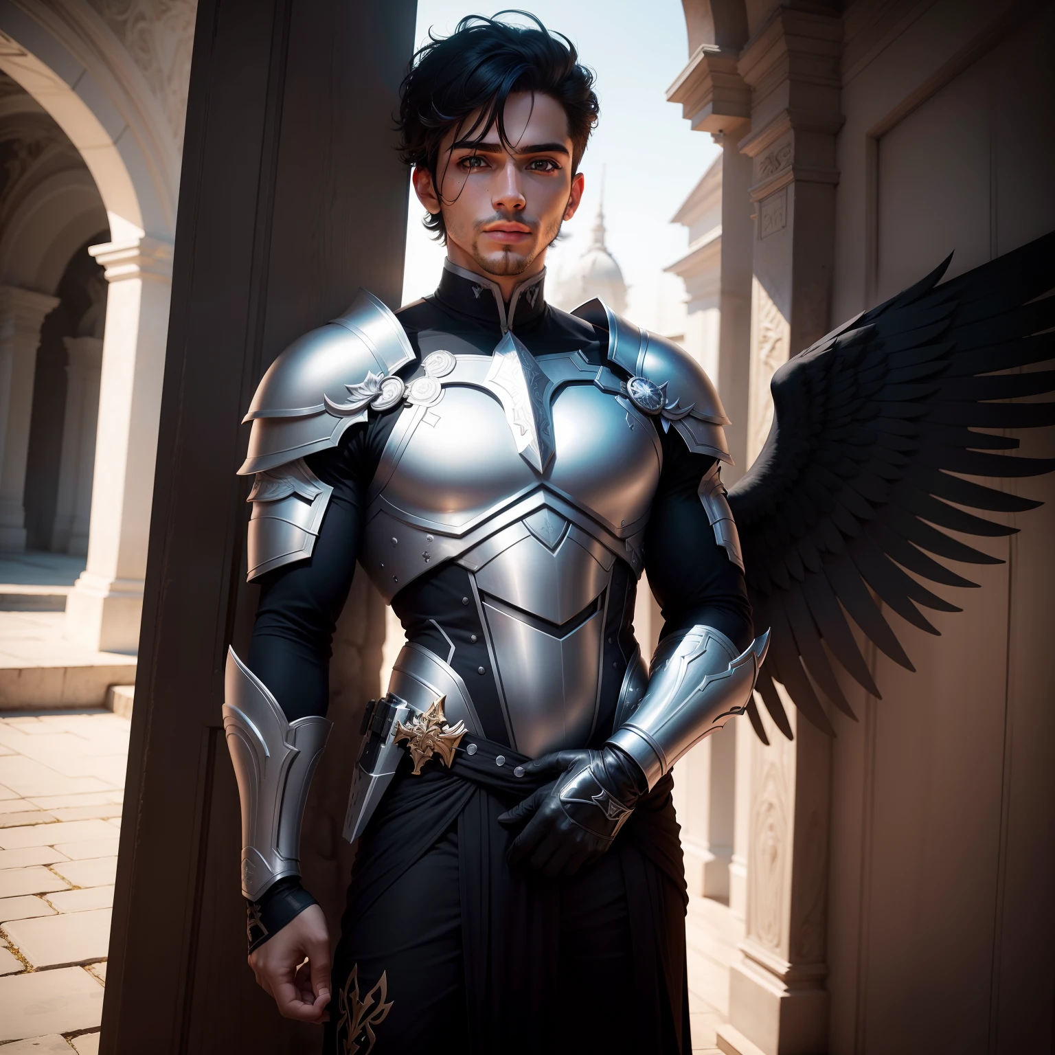 Desenhe um anjo masculino com asas de penas negras, olhos penetrantes e uma espada de luz em uma postura protetora os anjos precisam estar vestidos com armaduras celestiais