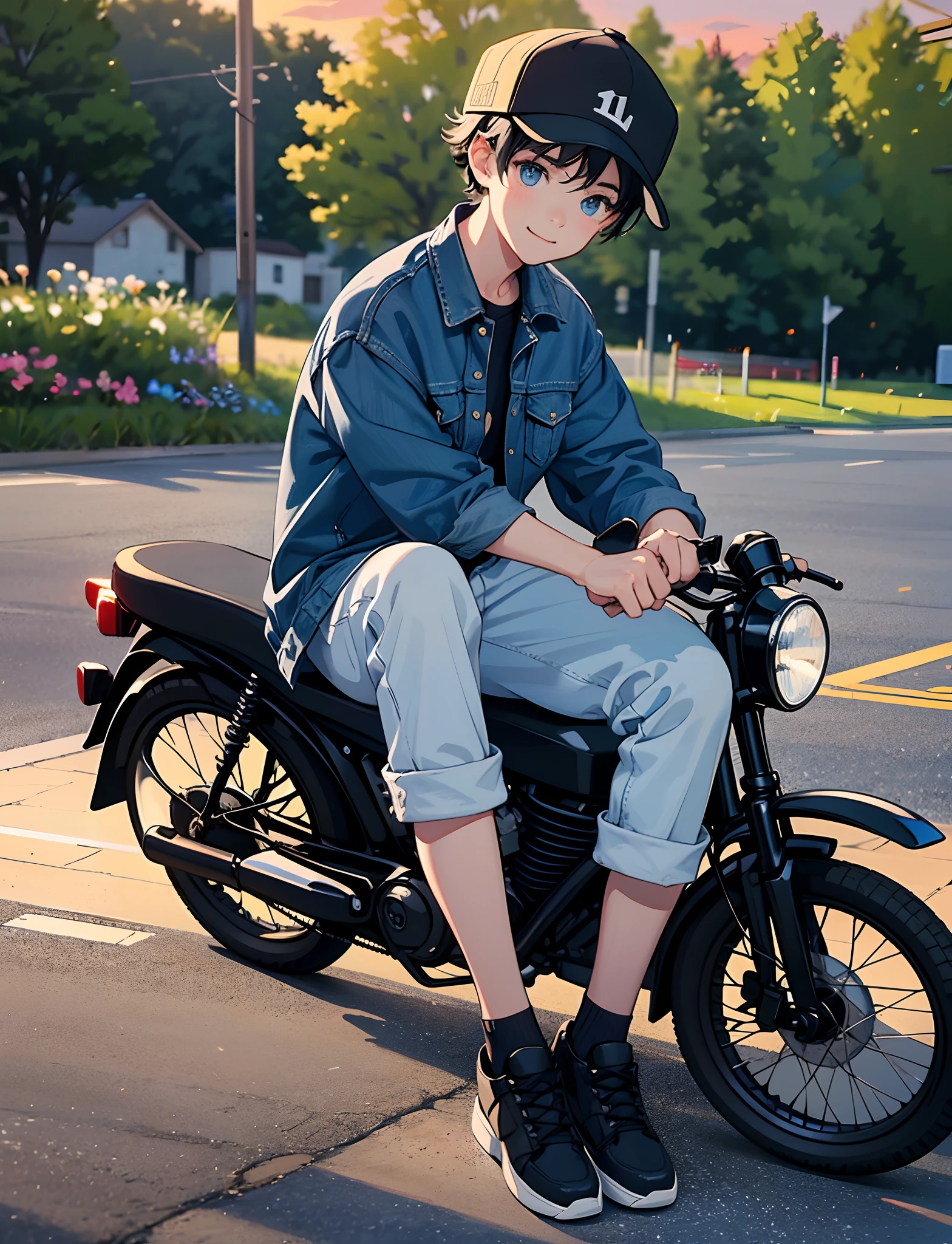 A happy ，black color hair，Wear a denim jacket，With a baseball cap，Wear sneakers，blue color eyes，Sitting on a stone on a country road，There are flowers and plants by the road，Sunset and sunset，staring right into camera，Full body photo，Ultra-high definition