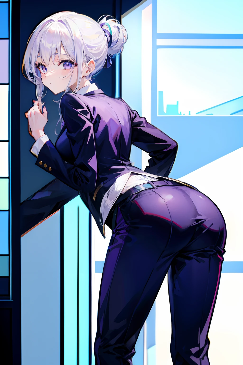 One cocked her ass,Beautiful woman in men's suit,long white hair,Suit trousers,Blue-purple eyes。