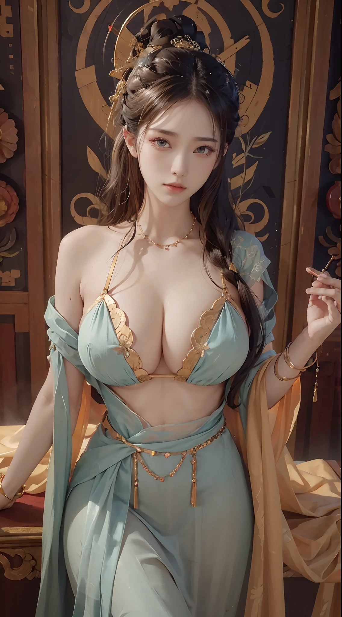 （RAW photogr，best qualtiy），（realisticlying，Realistic photos：1.3 pcs），best qualtiy，extremely detaile，tmasterpiece、，ultra - detailed，illustratio、，1 girlirl，（huge boob，cleavage），dynamic angle，World Mastery Theatre，cluttered_long_hair，best qualtiy，Extremely detailed CG unified 8k wallpaper，ink，astounding，电影灯光，Lens_flare，dunhuang_Styl  wet