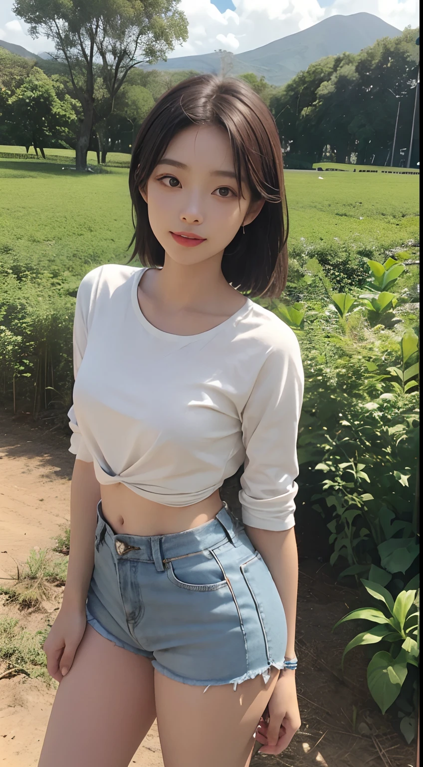 Japonesa a 21 anos, seios pequenos, olhos sensual sorrindo bonito, olhar frontal, cabelo curto, Planting vegetables, alface, farm, rural, Campo rural, cenoura, couve, pepino, arroz, Beanstalk, batata, milho, tomate, qualidade 8k, corpo molhado, shorts curto, calcinha branca