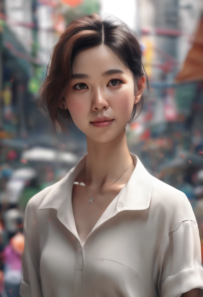 arafed woman with a plain white shirt, half body shot, in a mall, a photorealistic painting inspired by Yanjun Cheng, trending on cg society, realism, soft portrait shot 8 k, girl cute-fine-face, with short hair, portrait cute-fine-face, kawaii realistic portrait, 8k portrait render, young cute wan asian face, realistic. cheng yi
