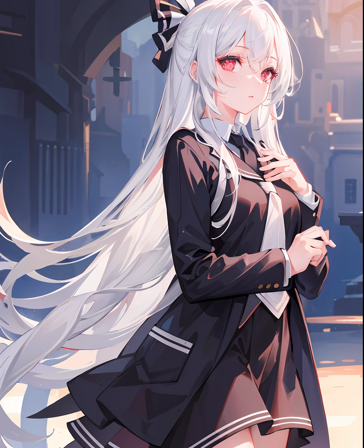 dreamy, (masterpiece), best quality, 1girl, white hair, amazing, beautiful detailed eyes, red eyes, fine details, depth of field, extremely detailed CG, school clothes