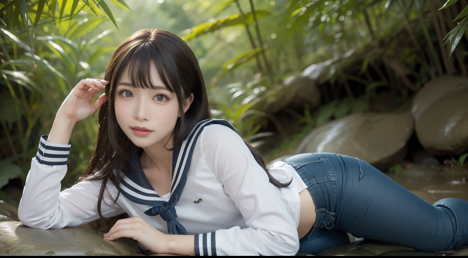 a pregirl,ssmile, looking at viewert, sailor uniformm,skintight jeans,photore, realisticlying, Best quality at best, employee, 详细的脸,Lying on a large mossy stone in a bamboo forest, diffuselighting, depth of fields