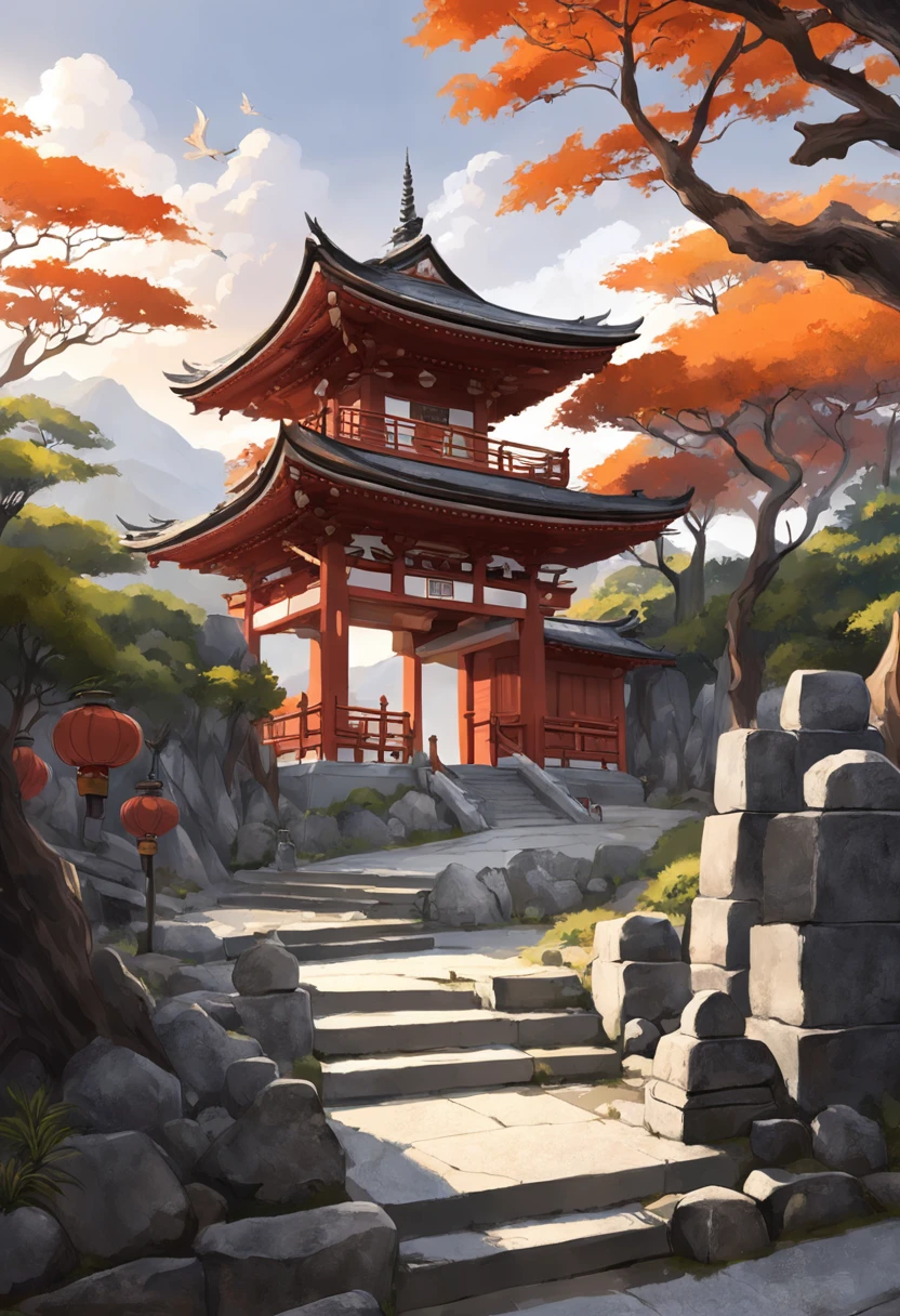 Immortalize the beauty and reverence of an ancient Japanese temple in an image that captures the passage of time. In this scenario, um templo majestoso repousa em meio a uma paisagem tranquila e atemporal.

O templo, Built of time-aged wood, apresenta um telhado de telhas escuras que se curvam elegantemente nas extremidades. The main structure is richly adorned with hand-carved details, representing dragons, Cranes and other symbols of Japanese mythology. Its wooden walls display a soft patina, witness to the centuries of adoration and contemplation.

A stone staircase leads up to the temple courtyard, ladeada por lanternas de pedra desgastadas pelo tempo, cuja luz costumava guiar os visitantes durante a noite. The courtyard itself is covered in white gravel.., Organized with meticulous precision, e pequenos jardins de pedras ornamentais adicionam uma dose de serenidade.

Ao se aproximar do templo, He sees an imposing red torii gate used by the wind, which marks the entrance to the sacred area. The gate is partially covered by vines that bring a sense of integration with the surrounding nature.

The surrounding landscape consists of a grove of ancient trees, cujas folhas sussurram segredos do passado. From a distance, picos de montanhas adornados com neblina completam a paisagem, evocando um ambiente de isolamento e serenidade.

The sky above begins to take on golden and orange hues as the sun sets, casting a soft and magical light on the temple and its surroundings.

This image seeks to capture not only the impressive architecture of the temple, but also the deep connection between humanity, espiritualidade e natureza que ressoa pelos corredores do tempo."