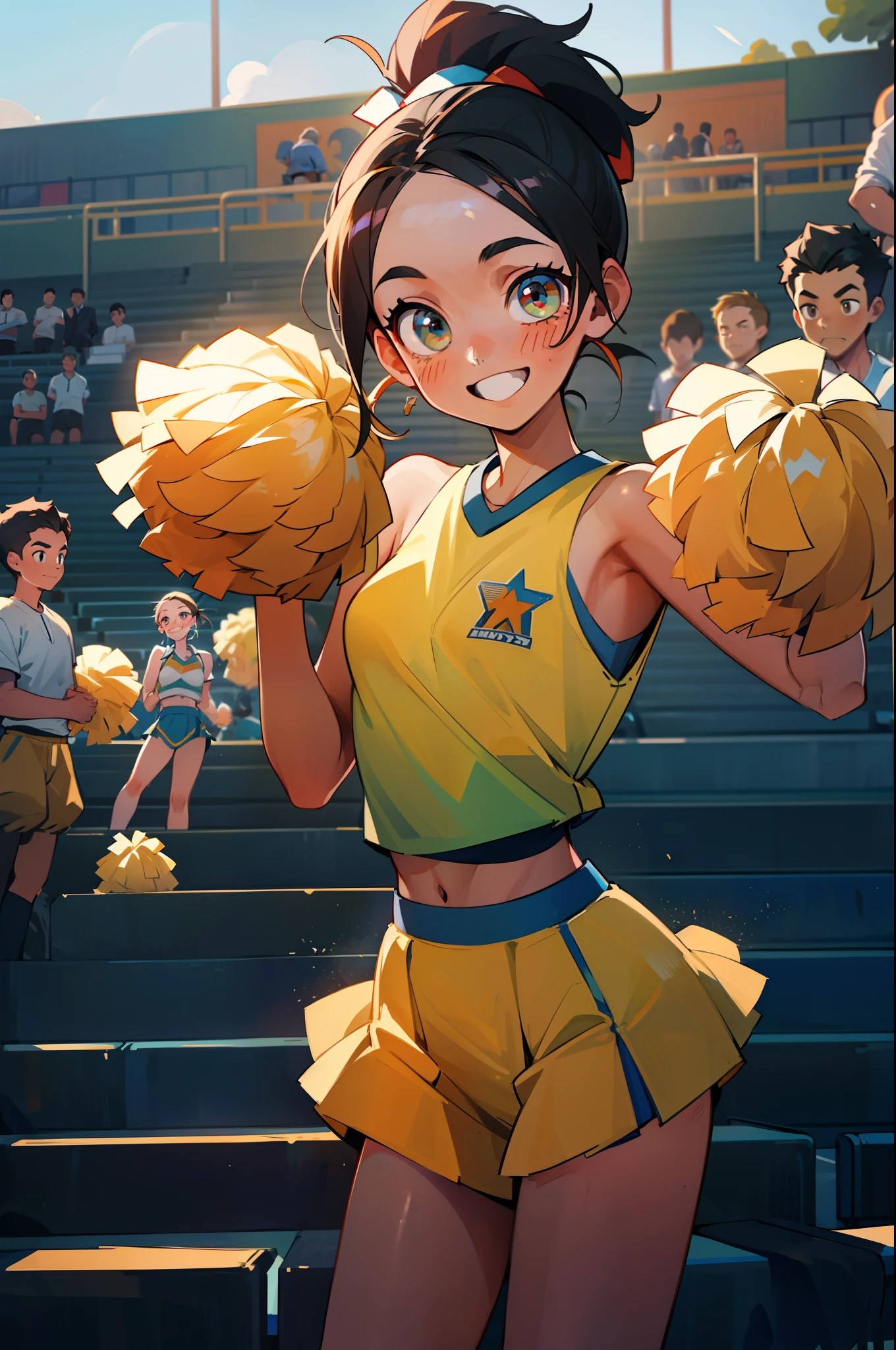 1girl, cheerleader, background, (4+boys:1.5), masuterpiece, High resolution, Ulta High Definition, top quality, very detailed, professional lighting, top quality, spectator seats, Packed auditorium, forehead, (cheerful and bright smile), ponytail, baseball stadium, by the stairs, photographer, (poms that are used for cheerleading), (baseball stadium), noon, Best Quality