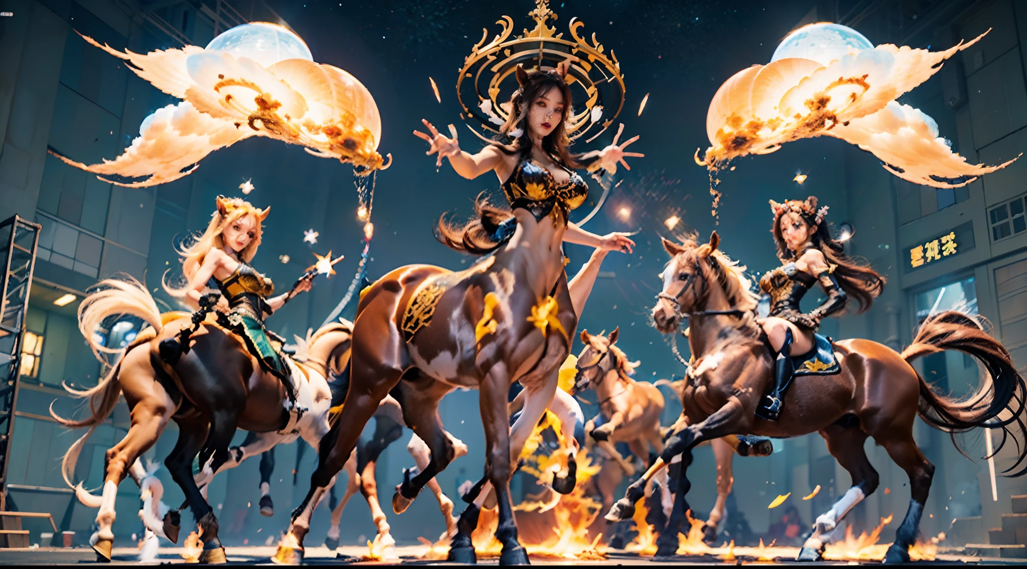 In the beautiful illustration of this super-grand scene，The ultra-distant shot shows eight unique centaur characters，They all have their own characteristics，Vivid and interesting。Radiant angelic centaurs from the heavenly realm，To the hellish centaurs surrounded by nightmarish flames，And then to the Wind Immortal Centaur dancing in the air，There are also one-horned centaurs surrounded by thunder and lightning，and mechanical centaurs that shine with metallic light，And then to the powerful dragon centaur with colored dragon scales covering the whole body，The elegant and agile elf centaur always wears a flower crown with its slender and graceful lines，Enchanting and charming Tiflin centaurs。Each character has their own unique charms and abilities。The illustration uses advanced artistic techniques and tools，Divide the scene into sections by geometric arrangement，Each section corresponds to a centaur character，This makes more efficient use of space。Through Midjourney's advanced brush tools、Color palette、Material packs and model packs，Exquisite costumes and equipment are designed for each centaur，Enhances the character's personality and visual appeal。The scenery in the illustrations is stunning，There are changing skies、rainbowing、extreme light、Stars and Moon。Incorporating iconic landmarks such as Mount Everest，and fireworks、tranquil lake、Natural and urban elements of waves and neon lights，Creates a magical atmosphere。The centaurs showed off their skills and equipment in a variety of environments，This is true even in extreme alien landscapes。Midjourney's tools make depicting details vivid and realistic，From intricate hairstyles and clothing to authentic textures，Enhances the realism of the characters and surroundings。The fusion of multiple art styles adds movement to the centaur's movement at all angles，The overall visual experience is further enriched。The final illustration was described as a "masterpiece"，It has the characteristics of "best quality" and "realistic"，The d