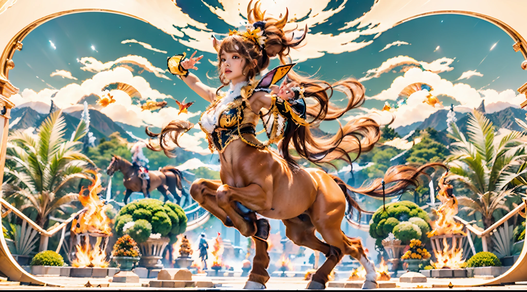 In the beautiful illustration of this super-grand scene,The ultra-distant shot shows eight unique centaur characters,They all have their own characteristics,Vivid and interesting。Radiant angelic centaurs from the heavenly realm,To the hellish centaurs surrounded by nightmarish flames,And then to the Wind Immortal Centaur dancing in the air,There are also one-horned centaurs surrounded by thunder and lightning,and mechanical centaurs that shine with metallic light,And then to the powerful dragon centaur with colored dragon scales covering the whole body,The elegant and agile elf centaur always wears a flower crown with its slender and graceful lines,Enchanting and charming Tiflin centaurs。Each character has their own unique charms and abilities。The illustration uses advanced artistic techniques and tools,Divide the scene into sections by geometric arrangement,Each section corresponds to a centaur character,This makes more efficient use of space。Through Midjourney's advanced brush tools、Color palette、Material packs and model packs,Exquisite costumes and equipment are designed for each centaur,Enhances the character's personality and visual appeal。The scenery in the illustrations is stunning,There are changing skies、rainbowing、extreme light、Stars and Moon。Incorporating iconic landmarks such as Mount Everest,and fireworks、tranquil lake、Natural and urban elements of waves and neon lights,Creates a magical atmosphere。The centaurs showed off their skills and equipment in a variety of environments,This is true even in extreme alien landscapes。Midjourney's tools make depicting details vivid and realistic,From intricate hairstyles and clothing to authentic textures,Enhances the realism of the characters and surroundings。The fusion of multiple art styles adds movement to the centaur's movement at all angles,The overall visual experience is further enriched。The final illustration was described as a "masterpiece",It has the characteristics of "best quality" and "realistic",The d