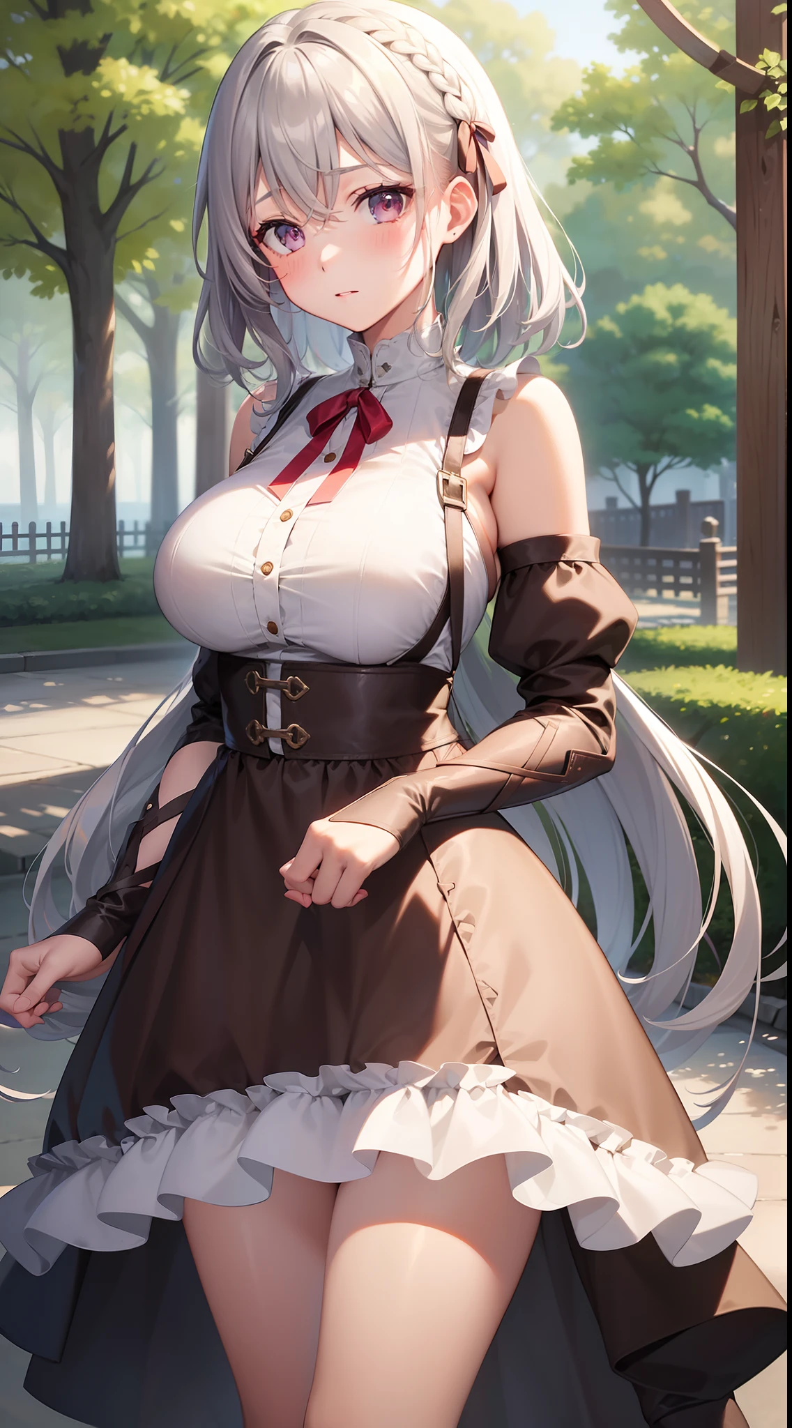 top-quality、high-level image quality、Super delicate、The whole picture、Beautiful girl with fair skin like a doll、Light gray hair、Braided half-up short hair、Peach-colored eyes、Red ribbons、long lashes、big eye、Dark look、Straight face、Moderately large breasts、Sexy adventurer costumes、Active、Exposed chest、garterbelts、Brown boots、High exposure、痴女、In the street