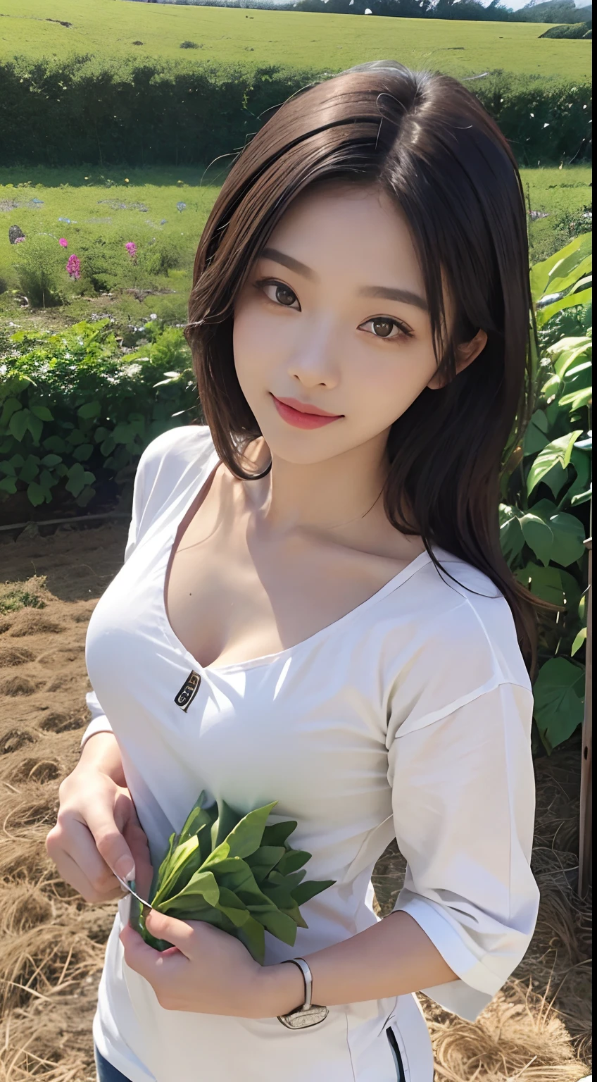 Japonesa a 21 anos, seios pequenos, olhos sensual sorrindo bonito, olhar frontal, cabelo curto, Planting vegetables, alface, farm, rural, Campo rural, cenoura, couve, pepino, arroz, Beanstalk, batata, milho, tomate, qualidade 8k, corpo molhado, shorts curto, calcinha branca