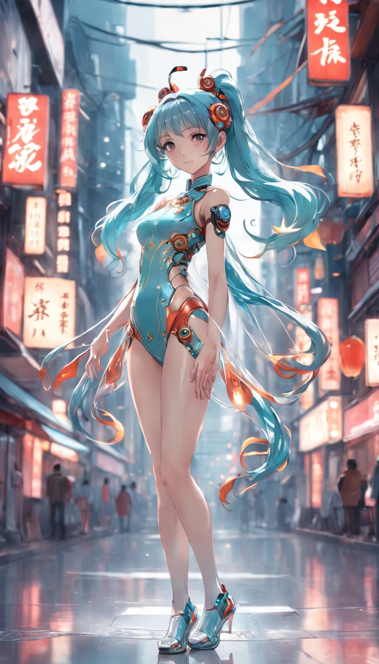 "(full body shot of:1.4)，Space art，1 Cheongsam woman，Standing posture，Bigchest，Slender figure，perfectly proportions，Delicate hair accessories，Sweet laugh，4K，.。.3D。"