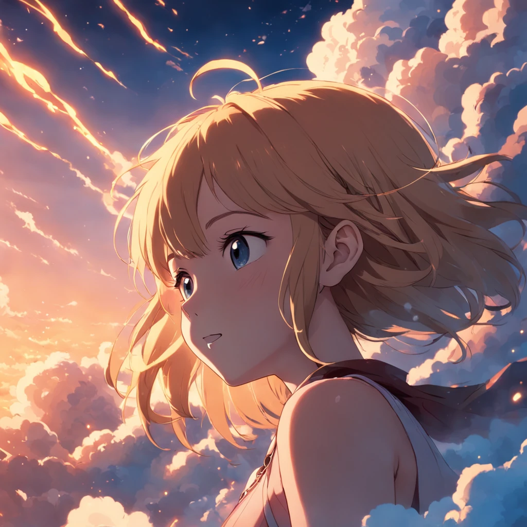 masterpiece, best quality, movie still, 1girl, cloud girl, floating in the sky, close-up, bright, happy, warm soft lighting, sunset, (sparks:0.7)