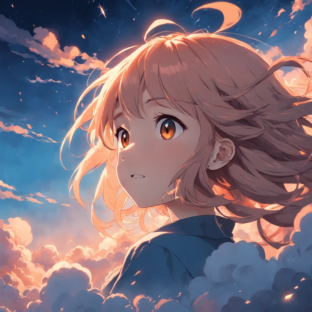 masterpiece, best quality, movie still, 1girl, cloud girl, floating in the sky, close-up, bright, happy, warm soft lighting, sunset, (sparks:0.7)