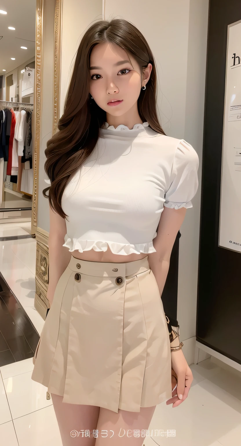 Close-up of a woman in a white shirt and a tan dress, with ripped crop t - shirt, t-top, fancy top, frill, Short sleeves, Crop top, White top, wearing a cute top, cute top, 155 cm tall, wearing sexy cropped top, height of 165cm, slick design, navel