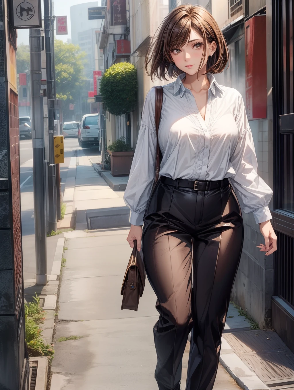 Best Quality, masutepiece, beautiful mature women、Beautiful face、Strong-minded woman、Office Suits、brown haired、Brown-eyed、Bob Hair、40 years、adult lady、Full body like、Downtown