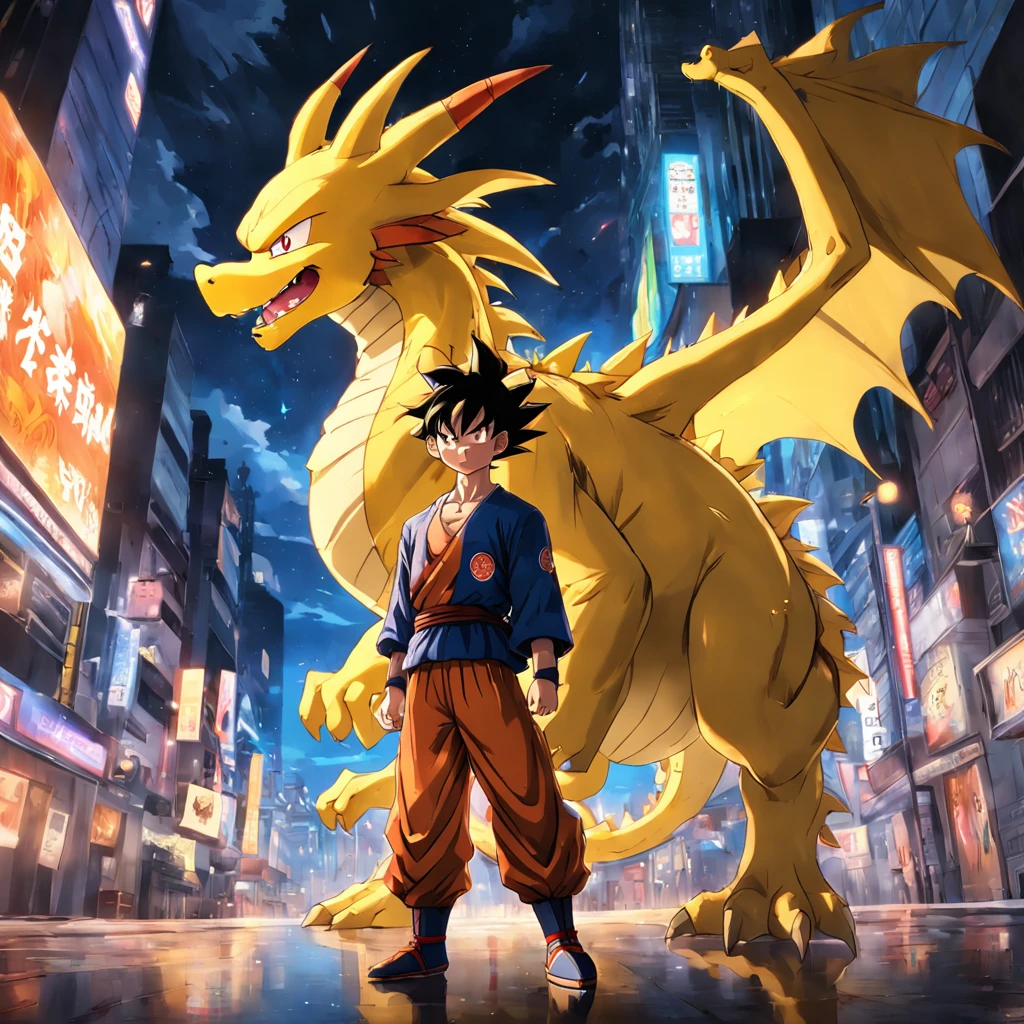 The Goku in Dragon Ball and Pikachu face off coldly on the city streets at night,Current surrounds,Skin is bright,Highest image quality,8k。