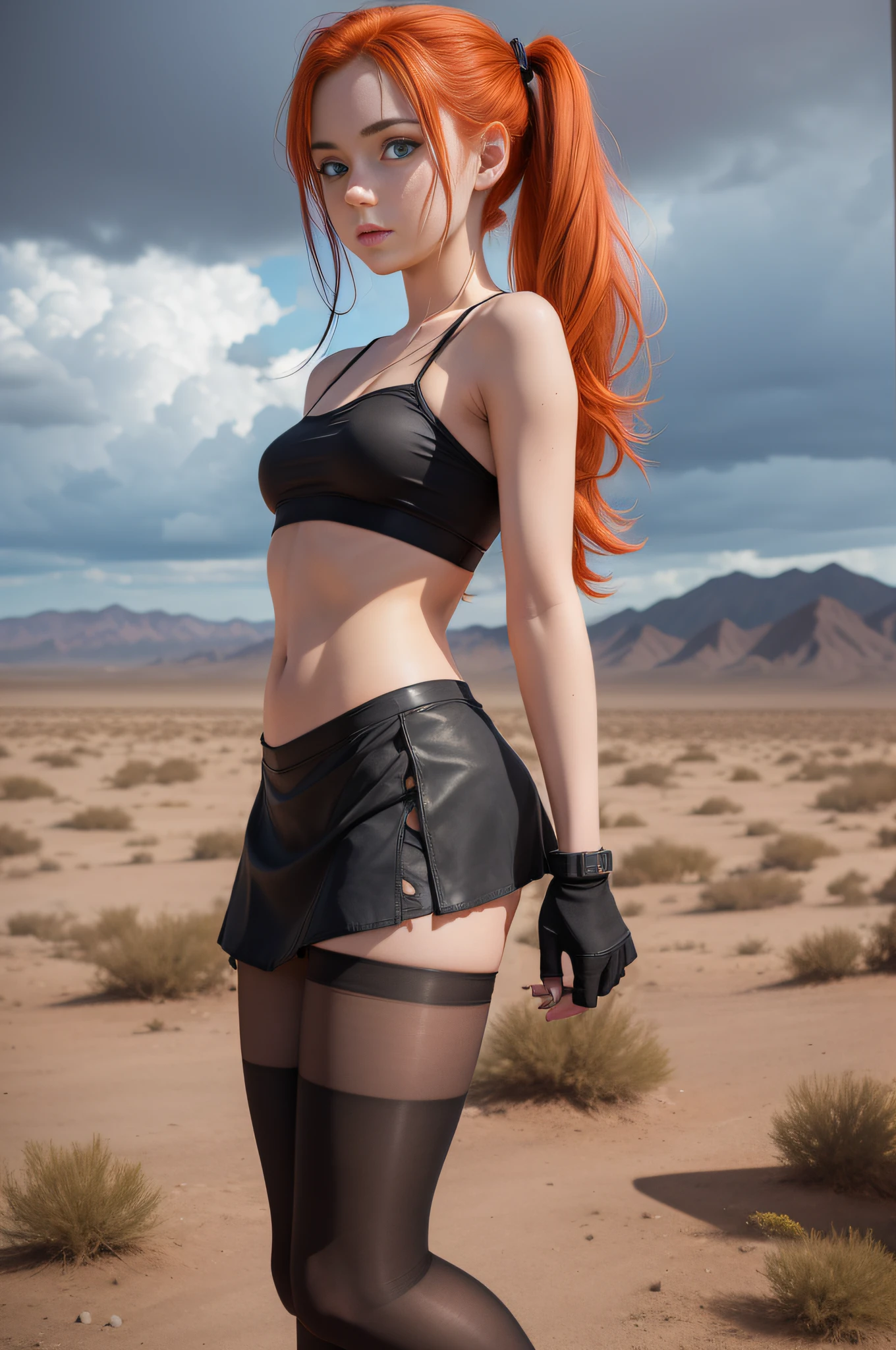 cute redhead woman in twin tails (1 girl), multiple rainbow colored hair, sky-blue eyes, happy, Ukrainian, petite, pale skin, wearing a metallic color bikini, ((translucent)) ((sheer)) ((see through)), (naked) but black pantyhose on her legs only, her back to the camera, ass to the camera, looking away from camera (NSFW) post apocalyptic background, bleak barren desert, photo realistic woman, only one woman.