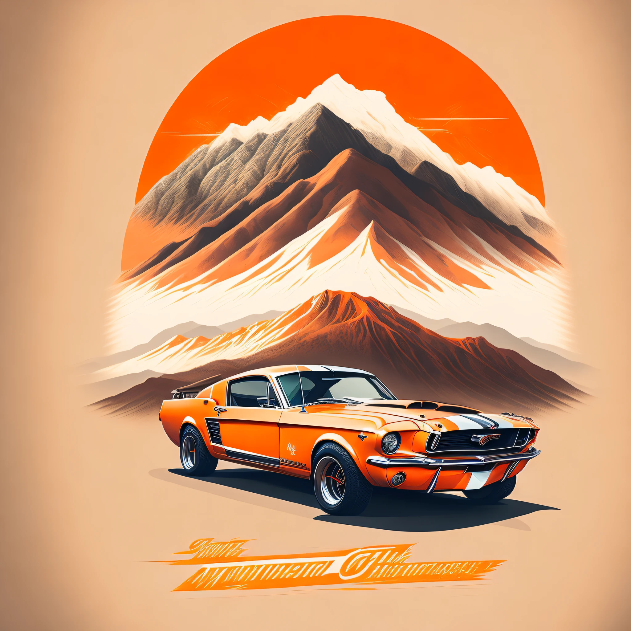 T-shirt graphic design artwork, Vintage flat design, Orange Ford Mustang, High level of detail, Vector image, A realistic masterpiece, professional photoshooting, Western Highway background, white backgrounid, Tricolor, T-shirt for Adobe illustrators