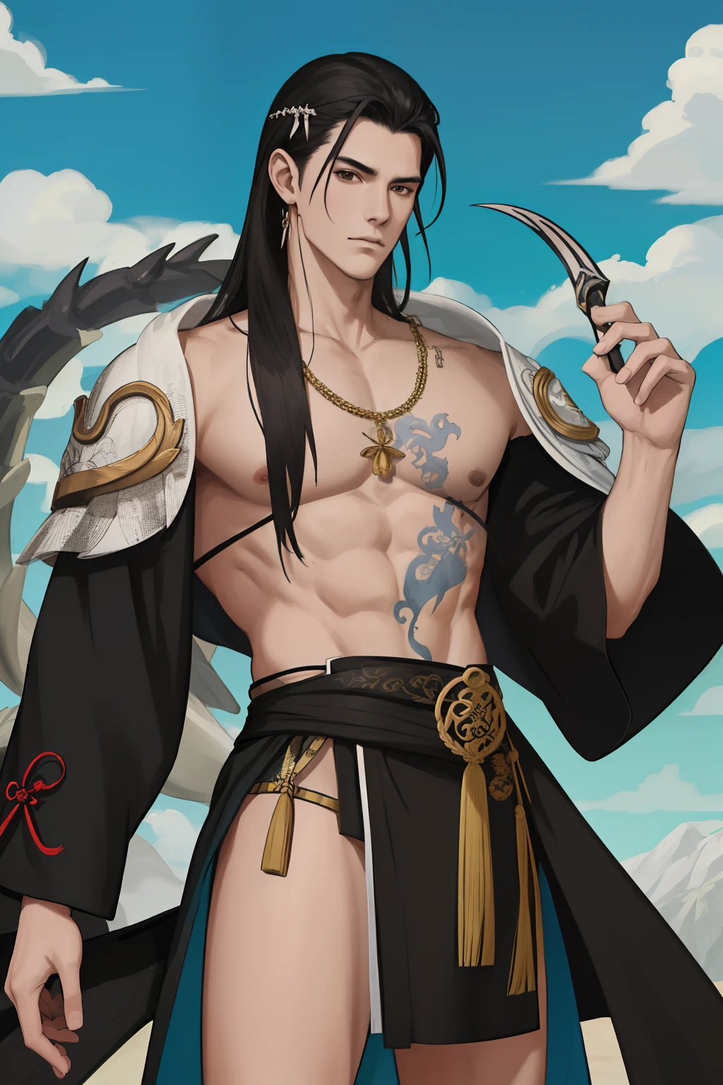 NSFW, obra-prima, melhor qualidade, ultra-detalhado, semi-realista, detailedfacialfeatures, 2man,usando roupa toda negra antiga wuxia,cabelos compridos negros,olhos escuros,roupa masculina de batalha,Dragon Clan Sovereign Style,manly,olhar malicioso e sedutor,homem bonito,He is standing holding in his left hand a whip and in his right hand a thin one, espada ancestral afiada,protagonista