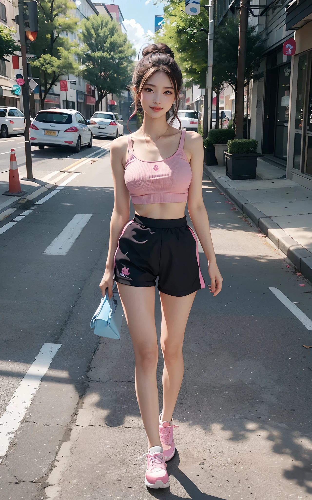 (Big breasts, 18 years old, Very small head), Daylight, Sunlight, (Perfect body : 1.1), (short wavy hair:1.2, dark brown hair, Pink and blue mesh hair, Thin mesh, half updo), ((Full body shot)), (sports wear), (at ground), (running), (Very detailed CG 8k wallpaper), (extremely delicate and beautiful), (masutepiece), (Best Quality:1.0), (超A high resolution:1.0), (realisitic), Realistic Shadows, (High resolution), Detailed skin, Ultra-detailed, Slim body, (Beautiful hair, Real Hair, detailed hairs), Fine Collarbone, blush, Photorealistic, Realistic face, Realistic eyes, Small eyes, Happy smile, (((Colorful))), (eye liner), (mascara), (eye shadow),