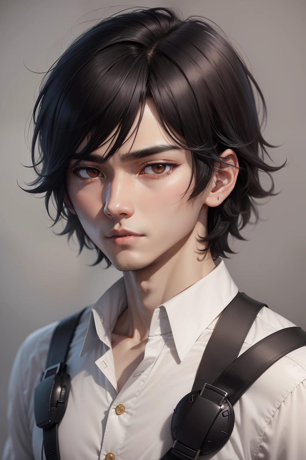 black hair, white shirt, black pants, Long 4/6 Bangs male Korean hairstyle, male, eyes with slightly dark circles, confident expression, anime, UHD, textured skin, high details, super detail, 16k, anime style, parted bangs, forehead protector, empty eyes, body angle photo