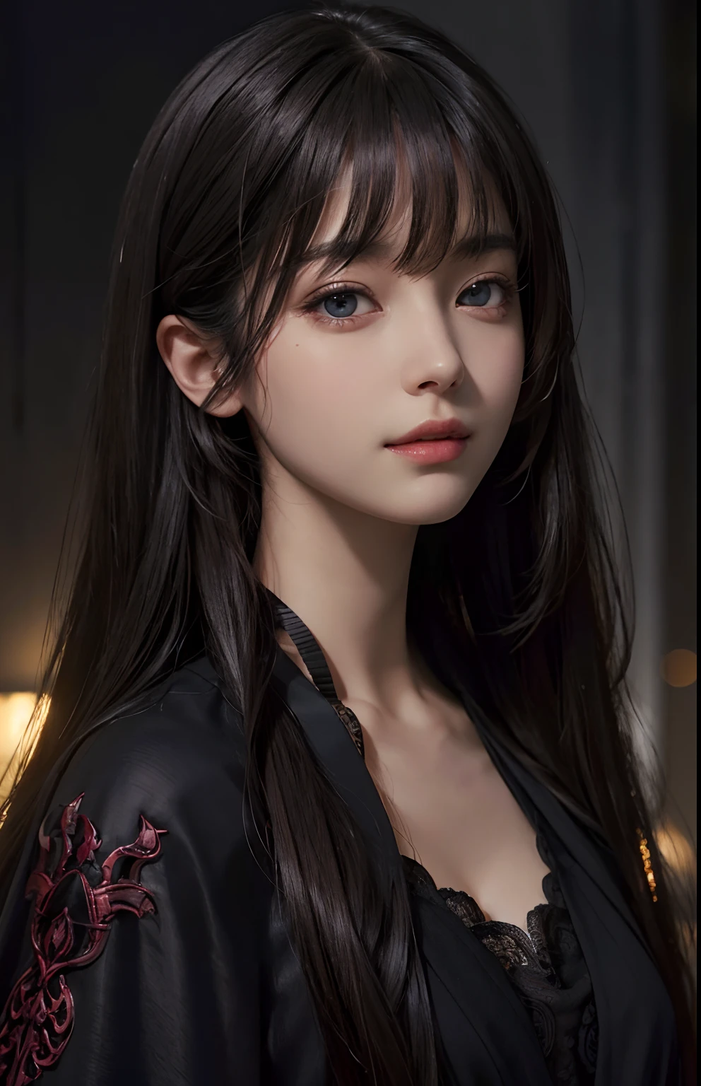 (Ultra Realistic), (Illustration), (Increased Resolution), (8K), (Extremely Detailed), (Best Illustration), (Beautiful and Detailed Eyes), (Best Quality), (Ultra Detailed), (Masterpiece ), ( wallpaper), (detailed face), solo, 1 girl, looking at viewer, fine details, detailed face, in the dark, deep shadows, low key, pureerosfaceace_v1, smiling, long hair, black shawl straight hair , 46 points oblique bangs