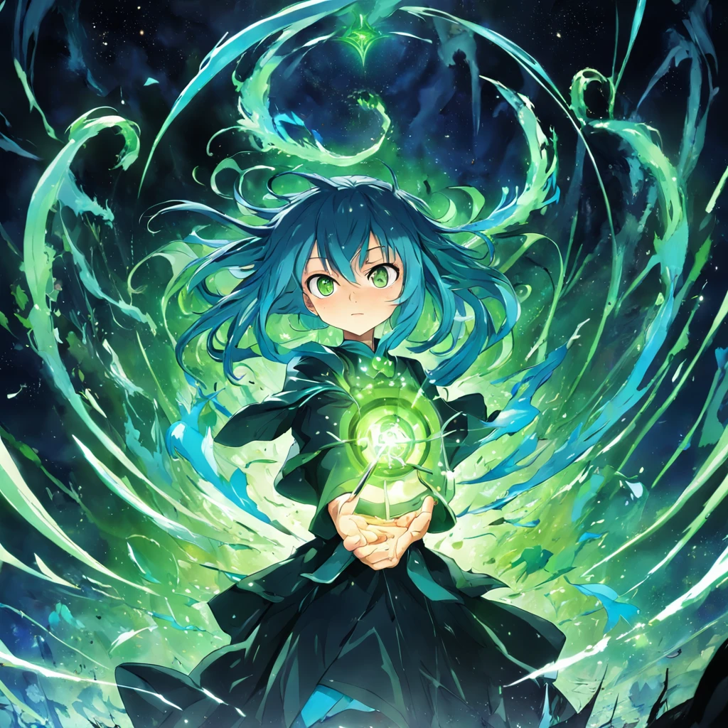 (((Rudeus))),((Obra-prima do anime))), Concentrando Magia verde azul, vortex, particuls, (sentado), 1 garoto, ambiente de fantasia, (((rindo)))
