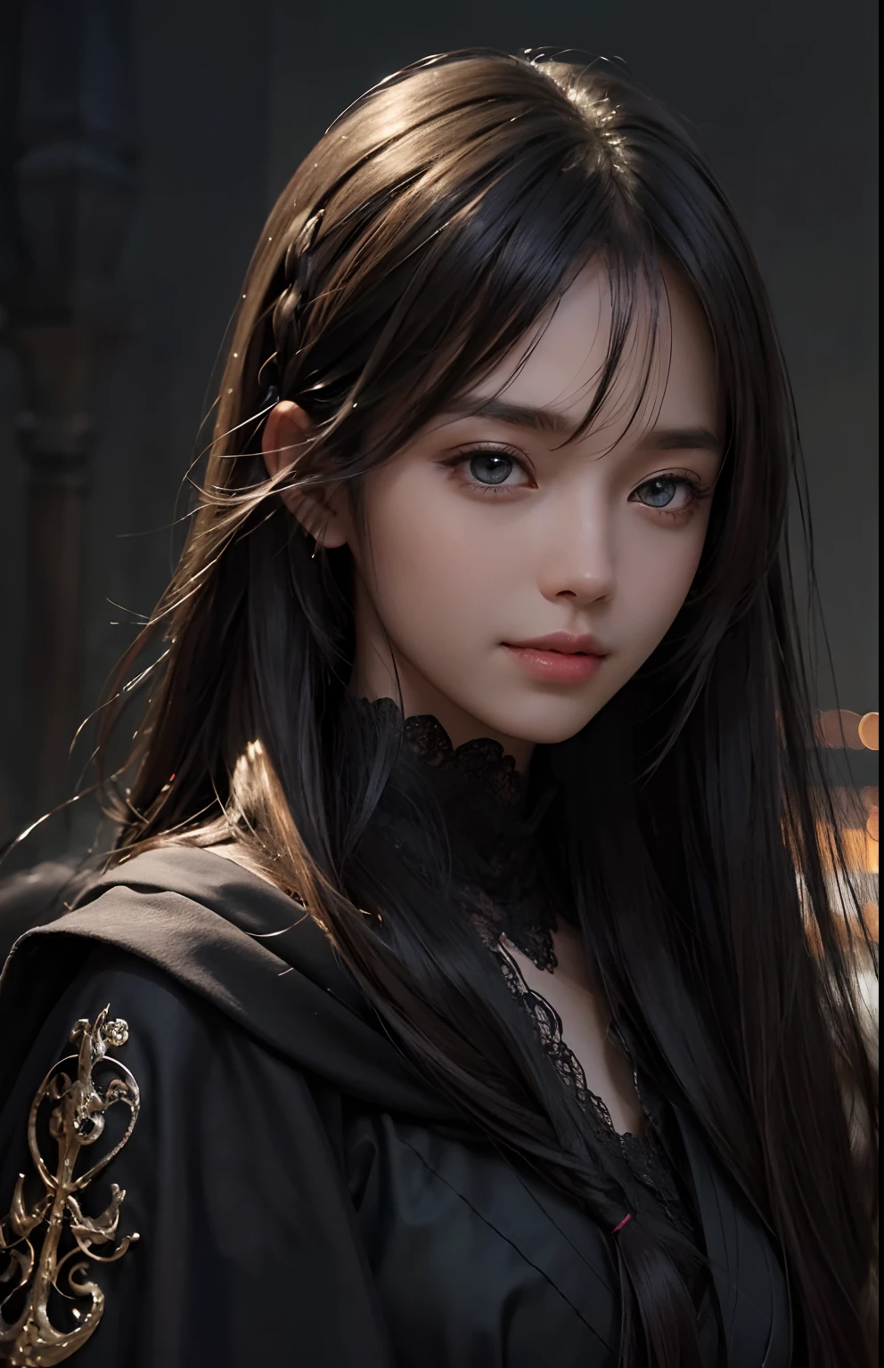 (Ultra Realistic), (Illustration), (Increased Resolution), (8K), (Extremely Detailed), (Best Illustration), (Beautiful and Detailed Eyes), (Best Quality), (Ultra Detailed), (Masterpiece ), ( wallpaper), (detailed face), solo, 1 girl, looking at viewer, fine details, detailed face, in the dark, deep shadows, low key, pureerosfaceace_v1, smiling, long hair, black shawl straight hair , 46 points oblique bangs