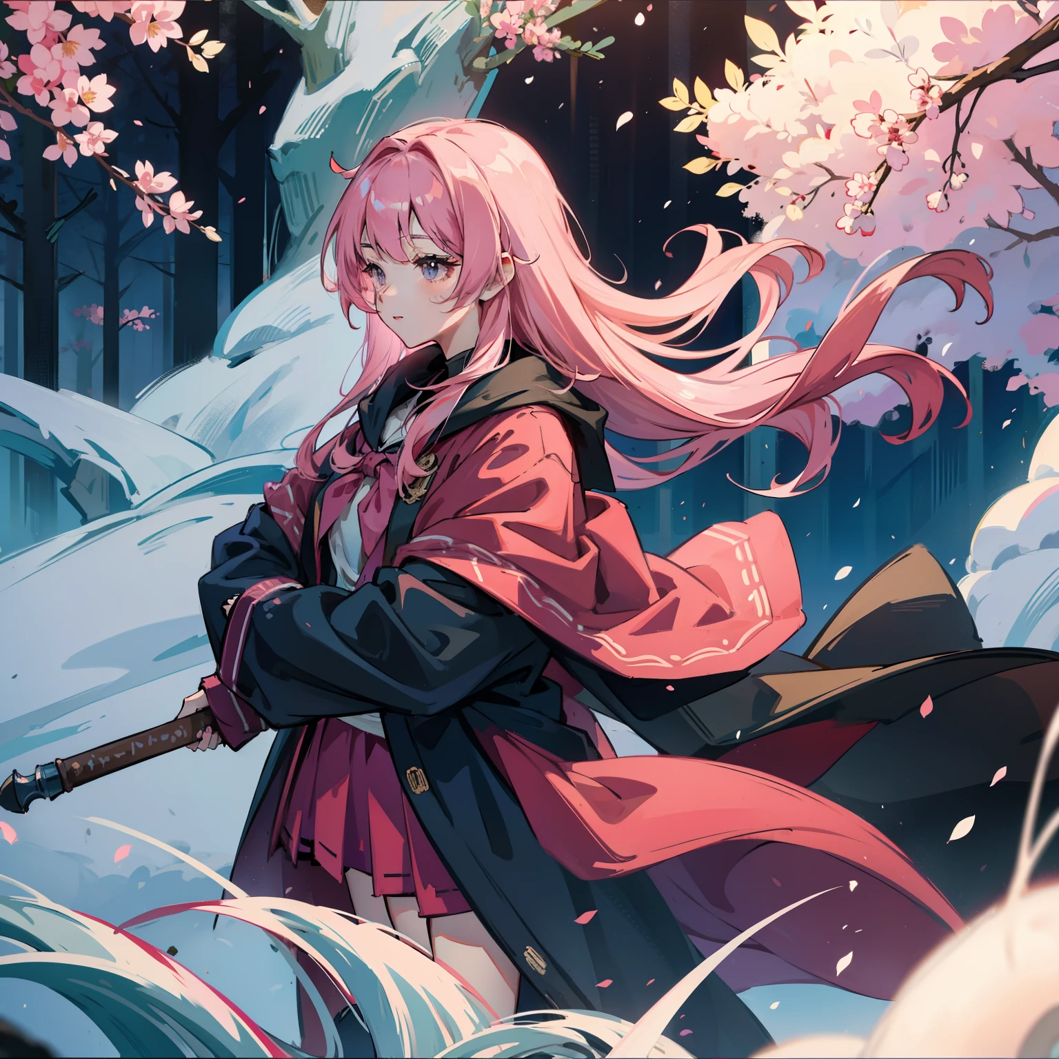 dual horsetail,Pink Long Hair,Cloak,Cold,schoolgirls