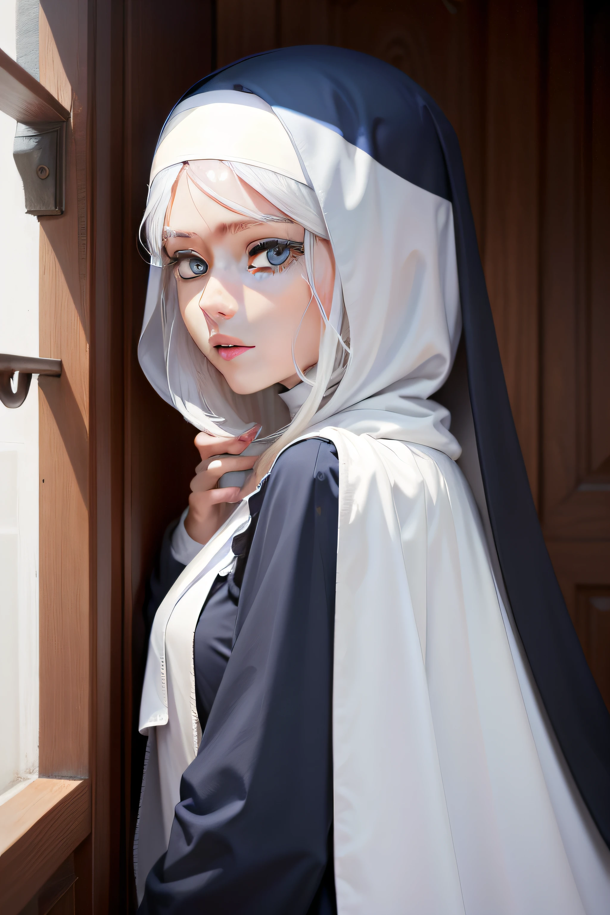 one-girl，Nun headscarf，long  white hair，blue color eyes