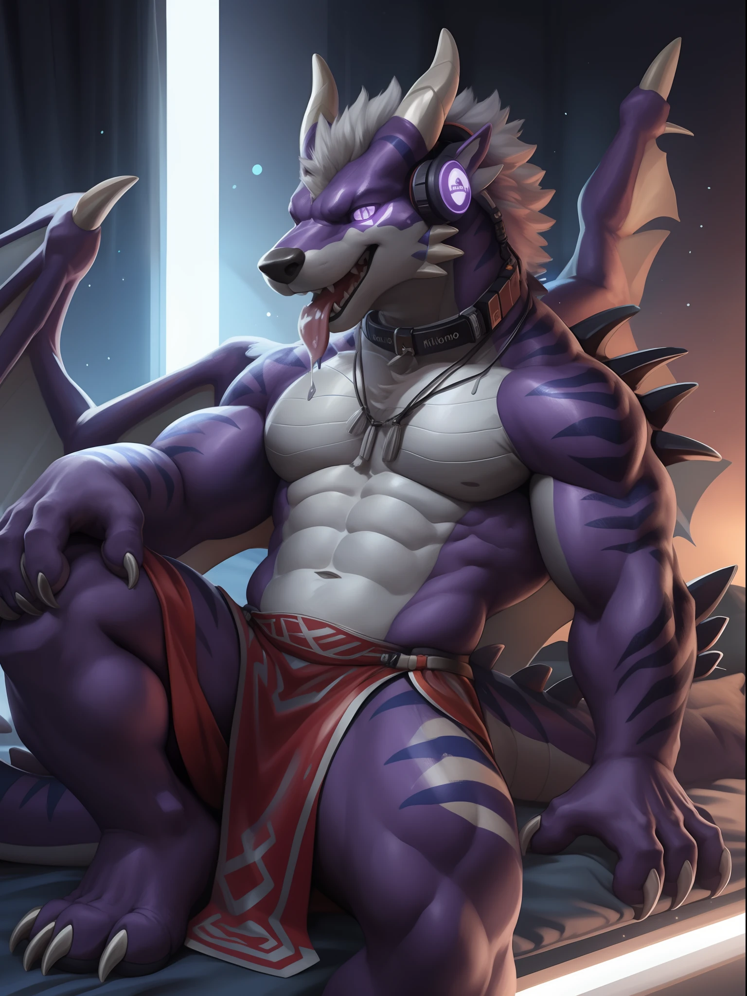Solo, Male, (Muscular), sacrifices, (male anthro wolf):1.3, Dark purple body，nakeness，divinity，Wear white ear headphones，Black loincloth, (Kamimei):1.3, (komono:1.4) (DOA):1.23, Detailed eyes, lizard tail,A pair of dragon horns, A pair of dragon wings，((Full body like)), (Detailed eyes, Purple eye， Deep purple rind，Gray stripes，Sharp claws，Cute beast claws，glowing light eyes):1.1, (exteriors:1.35), inside in room，Futuristic style bedroom，Bright white light，Lie down in bed，Collar，submit to，Be red in the face，Open-mouthed，A lot of drooling，Stick out her tongue，Fluid spills from the lower body，Milk spilled all over the floor，clever，ssmile，Handsome（Particle，blue glowing）：1.3，detailedbackground，realisticlying，realistic hand，8k hdr，（，Wide dynamic range，hdr，low-light：1.2），author（pino daeni，（author：by ruaidri），author：virtyalfobo）