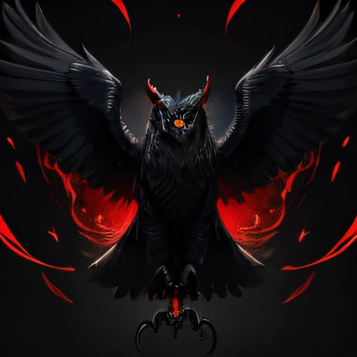 fantasy black owl with red eyes emanating red energy, blurred gray background, full hd