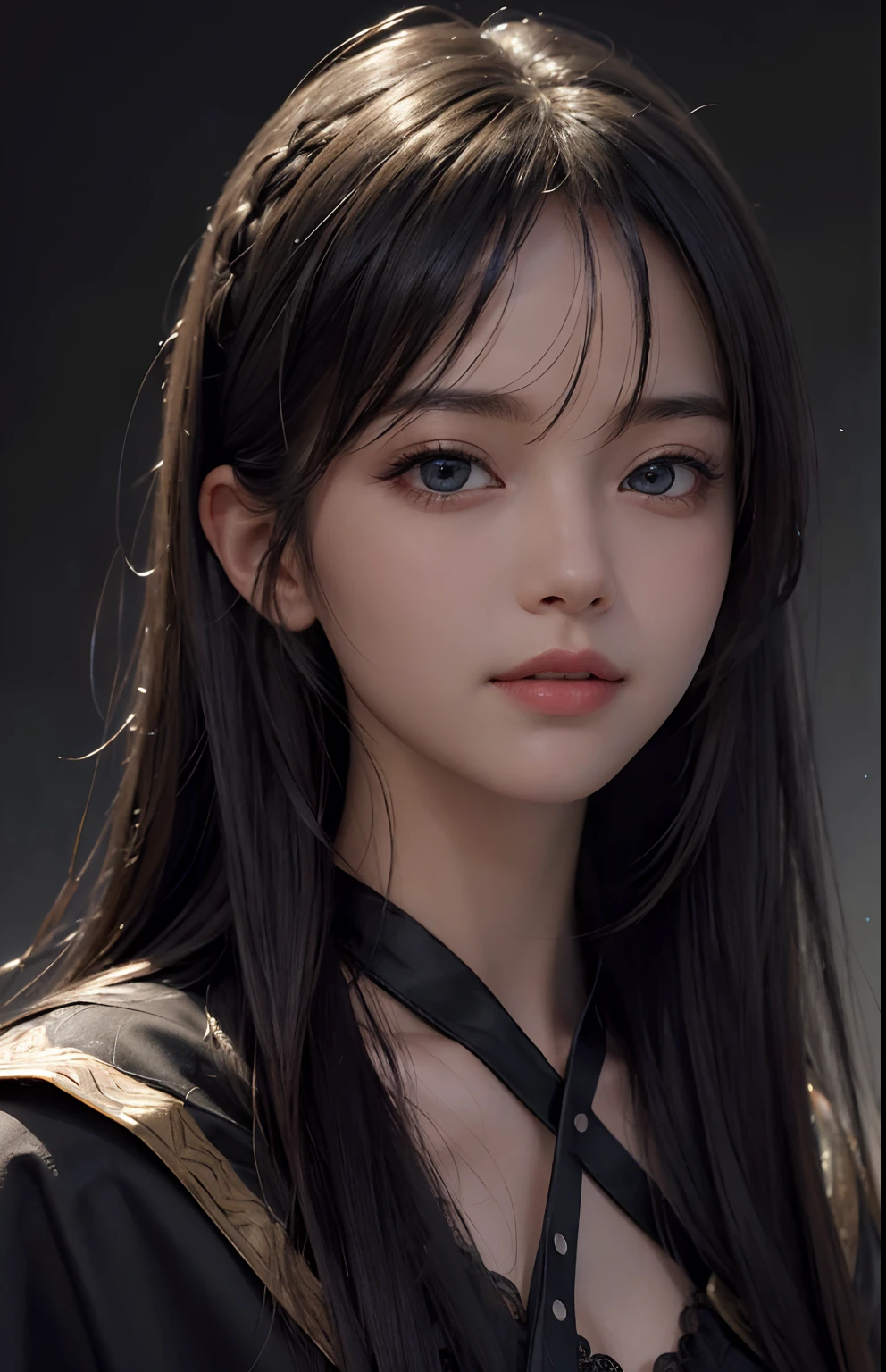 (Ultra Realistic), (Illustration), (Increased Resolution), (8K), (Extremely Detailed), (Best Illustration), (Beautiful and Detailed Eyes), (Best Quality), (Ultra Detailed), (Masterpiece ), ( wallpaper), (detailed face), solo, 1 girl, looking at viewer, fine details, detailed face, in the dark, deep shadows, low key, pureerosfaceace_v1, smiling, long hair, black shawl straight hair , 46 points oblique bangs
