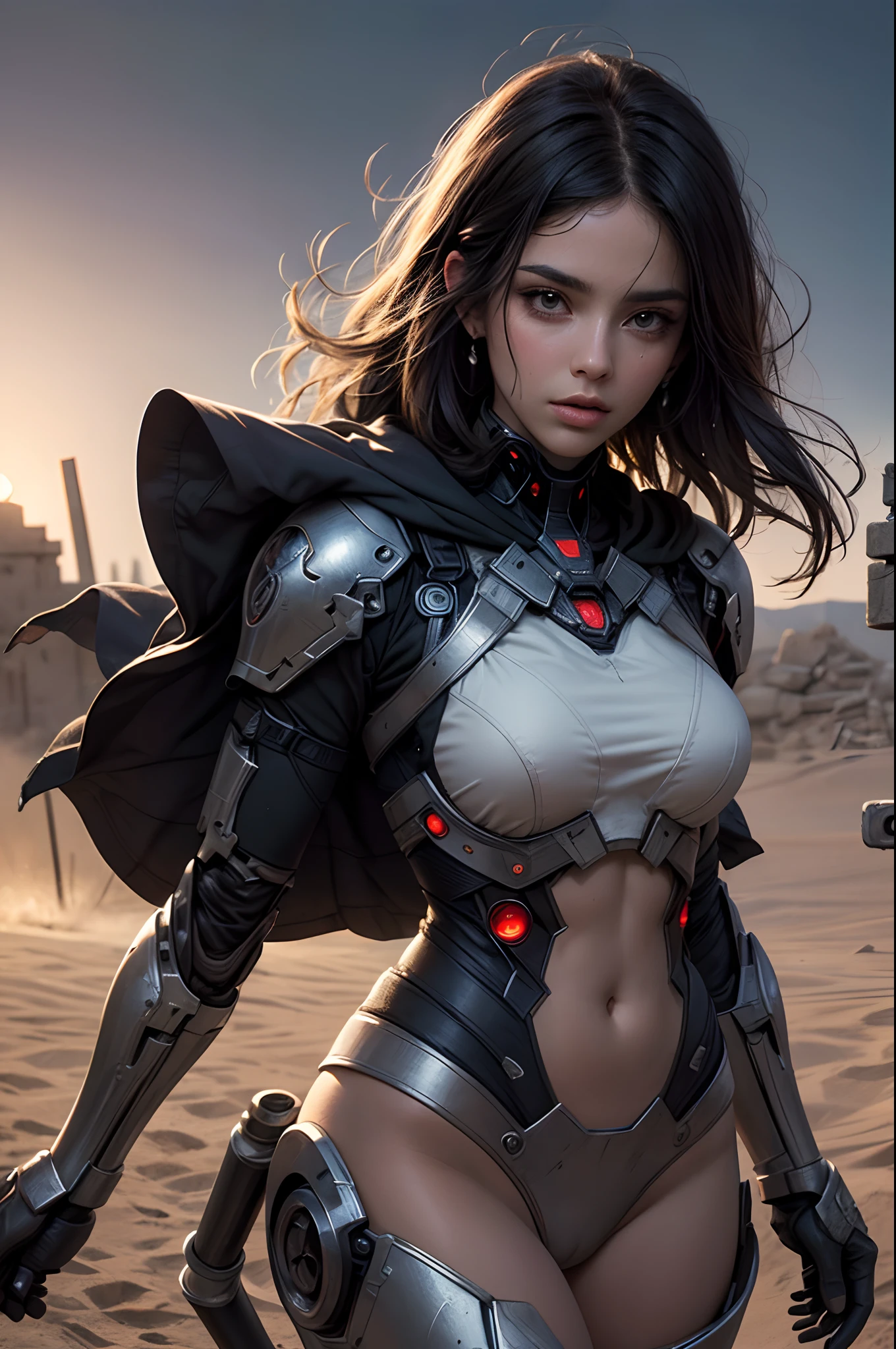 (Detailed illustrations,Very detailed and detailed drawing,Delicate lines with slow and rapid,Realistic texture expression,[Photorealsitic]),[Color tressed main line],(Martian Battlefield Desert),[ANIME](Girl PRETTY)((well-muscled)) [SKINNY],[Mobile Infantry Cyborg Military],Heavy Mace Barbarian Sword [Hood cloak][[Shells Mortars Grenades]],It's not going to stop.,Mars War,(Fine and beautiful skin expression),[Perfect eye details (Eyes beautifully drawn down to the smallest detail)],(Beautiful perfect face [Realistic face details:0.8]),[More on shiny hair],(Perfect hand details),(Perfectly proportioned:1.2),([Advanced structural understanding of materials],Ideal color coordination),([Precision Detail],[multi-layer texture],HighQuality,hight resolution),[(Accurate simulation of light-material interactions),Mechanically correct representation,Perfect Anatomy].