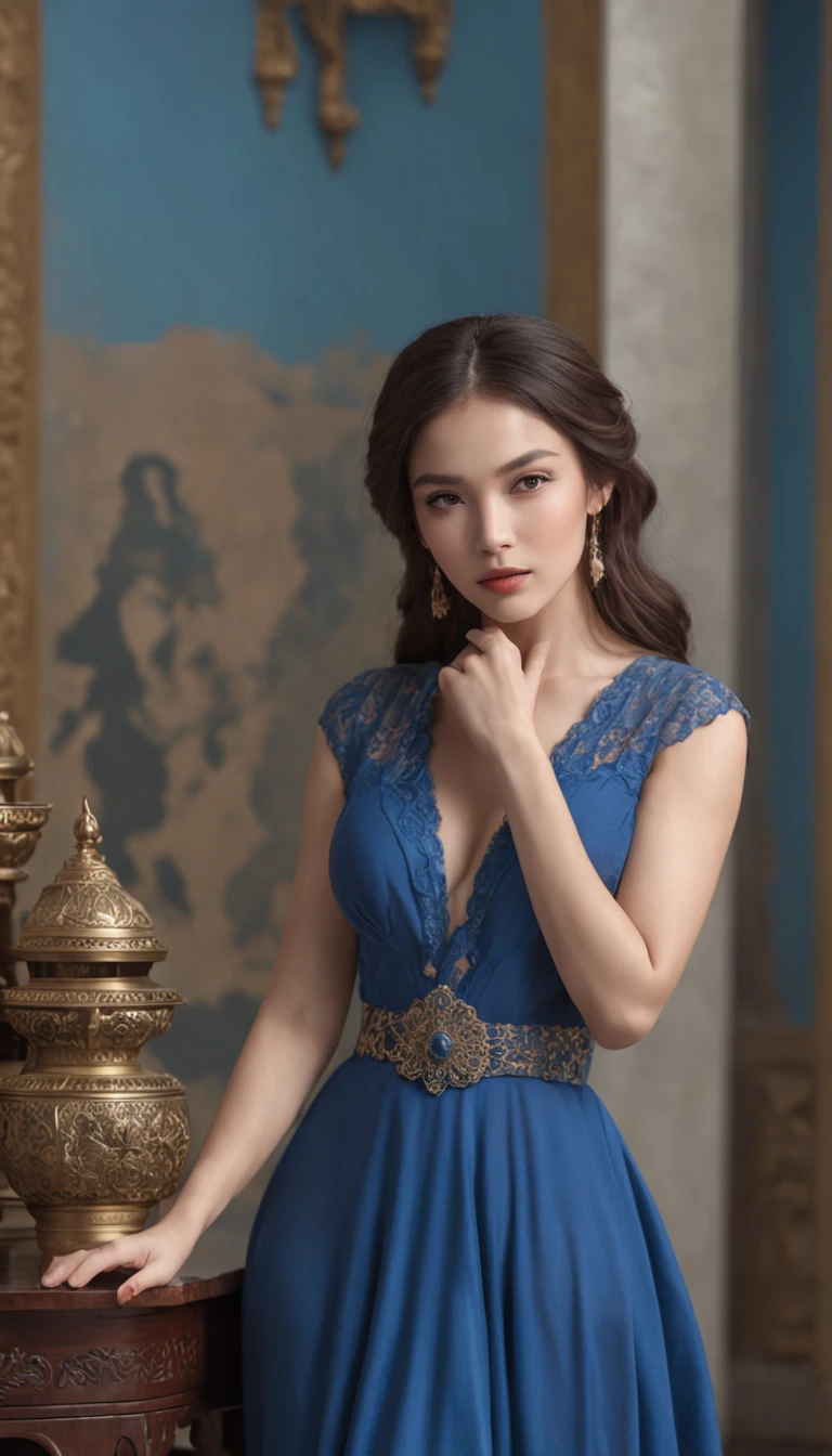 A woman in a blue dress poses on tables and tables, In the style of Orientalism, bold curves, gigantic scale, 32k ULTRAHD, Precise accuracy, Large volume